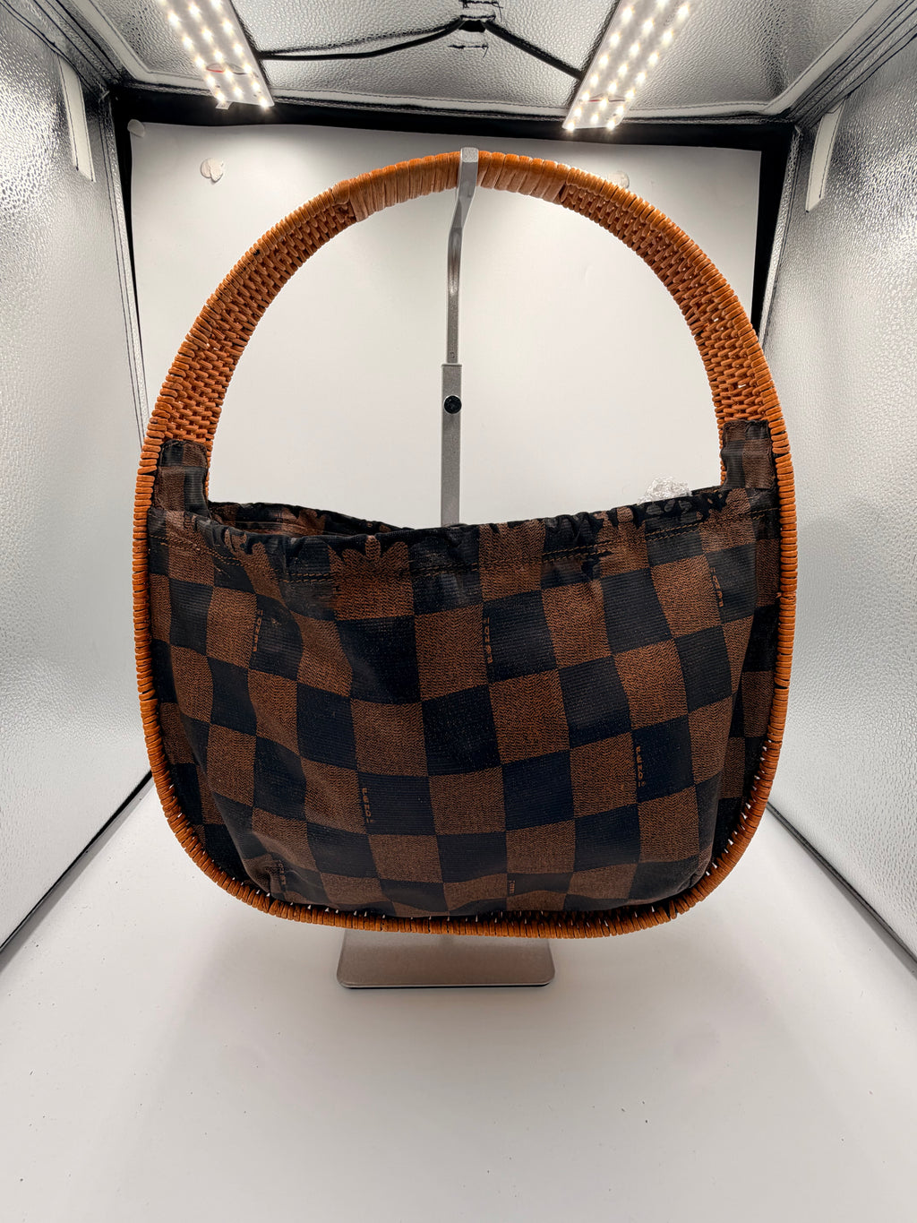 Fendi Pequin Check Wicker Handle Hobo Bag