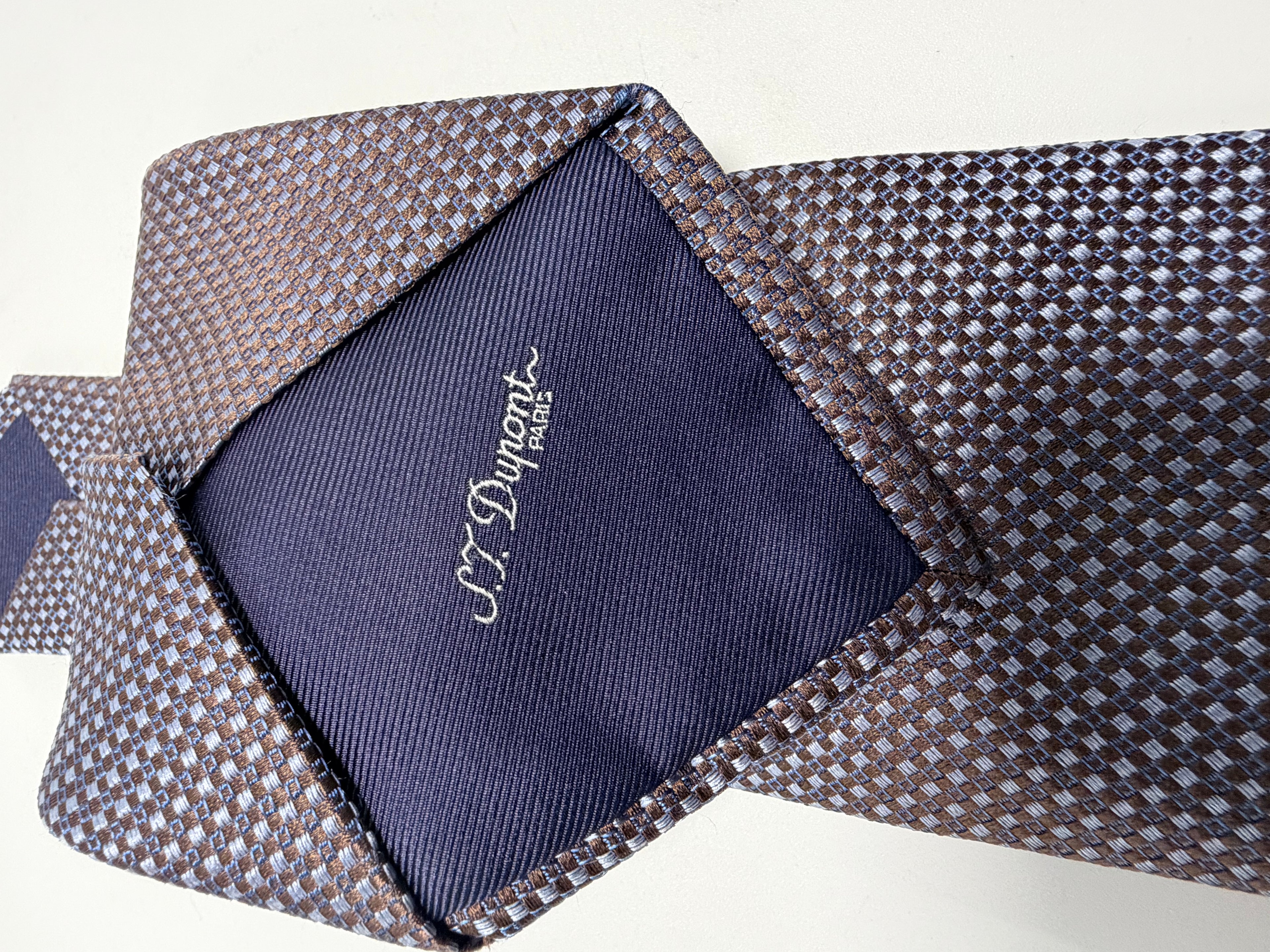 S.T. Dupont Paris Silk Tie – Brown & Blue Micro Pattern