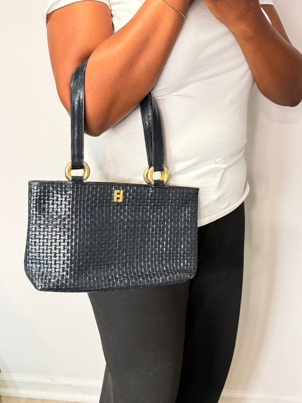 Fendi Vintage Black Woven Leather Shoulder Tote