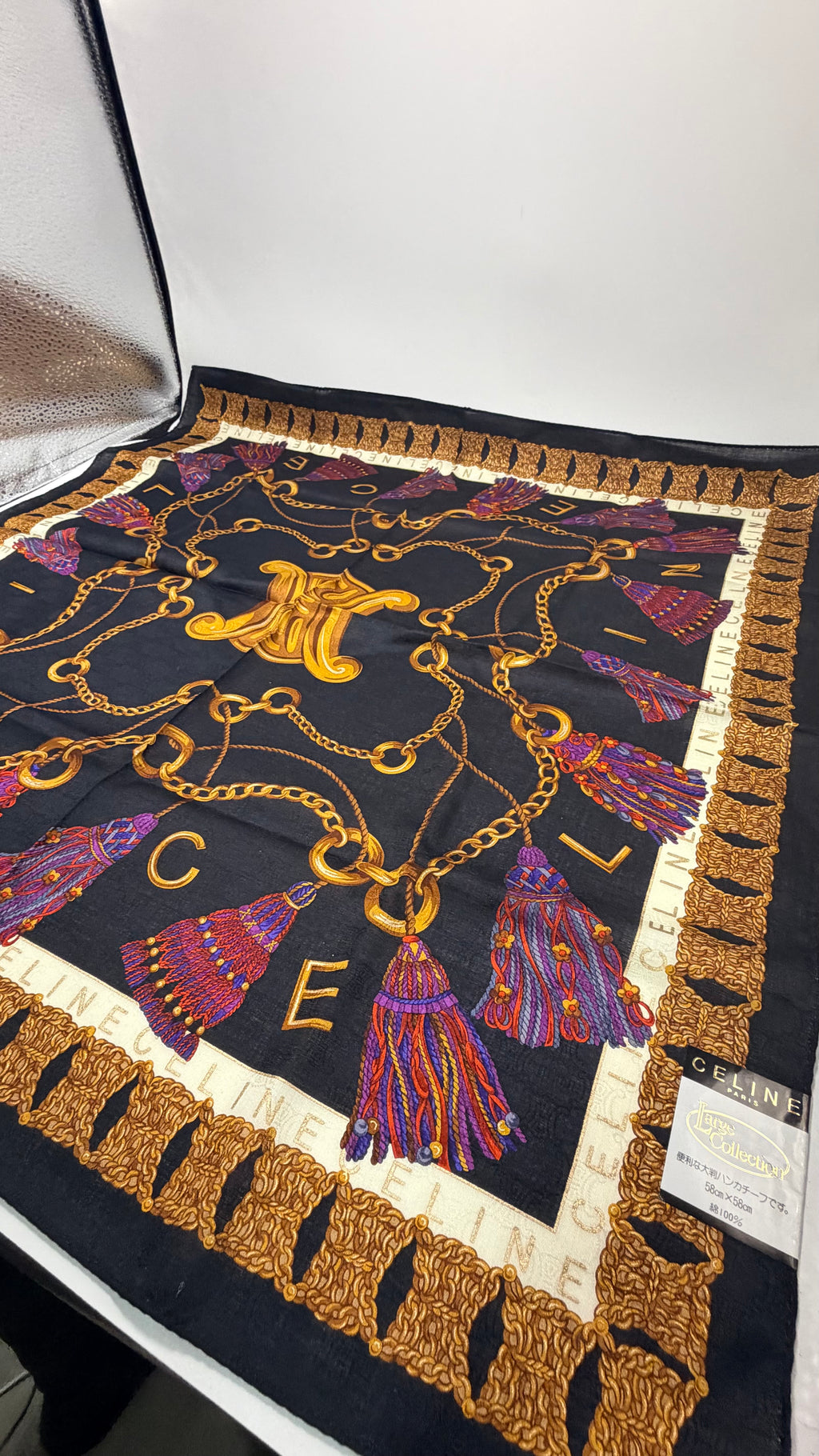 Celine Tassel Chain Scarf – Navy with Gold Crest and Fringe Border