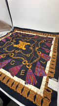 Celine Tassel Chain Scarf – Navy with Gold Crest and Fringe Border