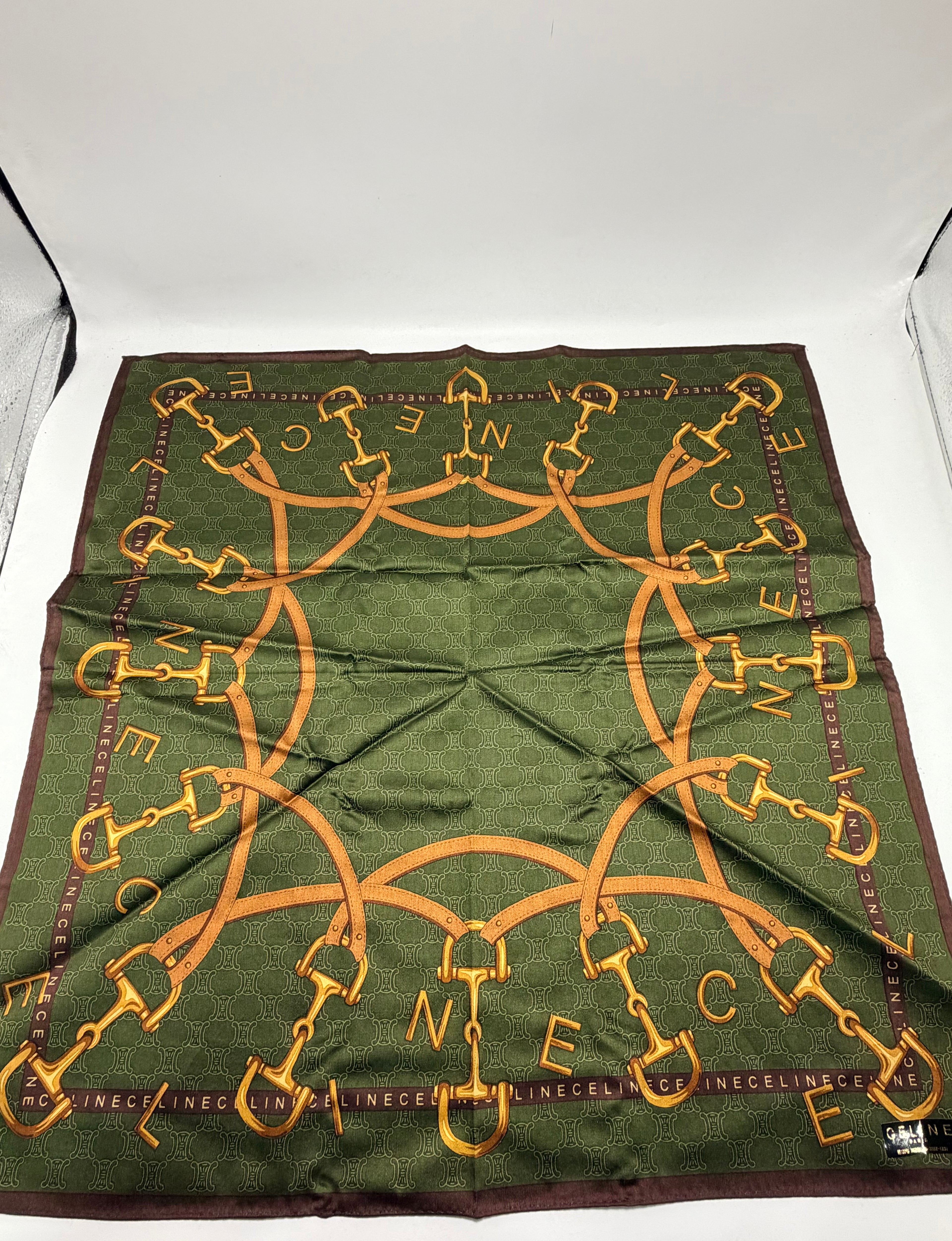 CELINE Vintage Equestrian Logo Scarf – Olive Green & Gold