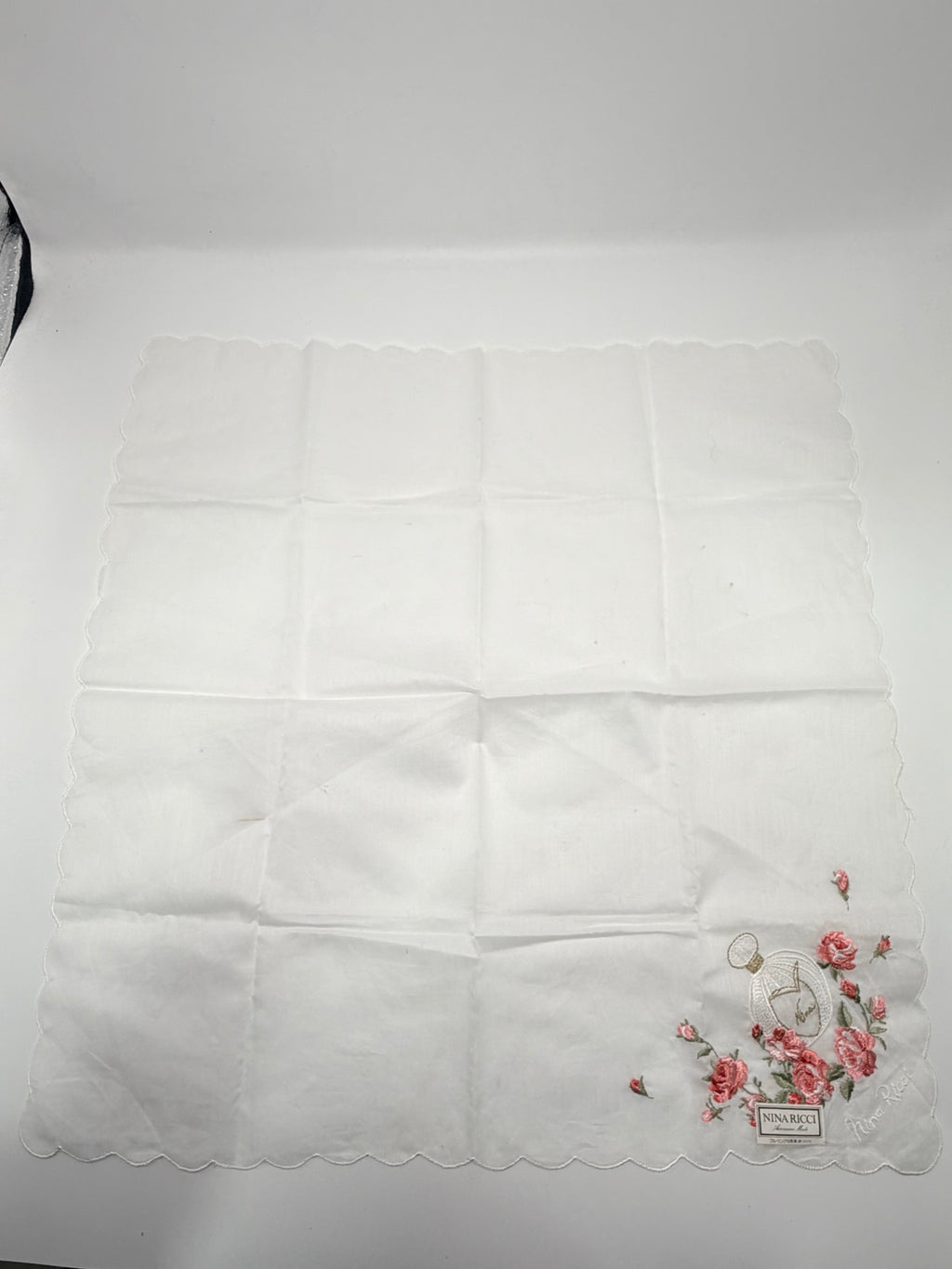 Vintage Nina Ricci Embroidered Floral Cotton Handkerchief – White with Pink Roses