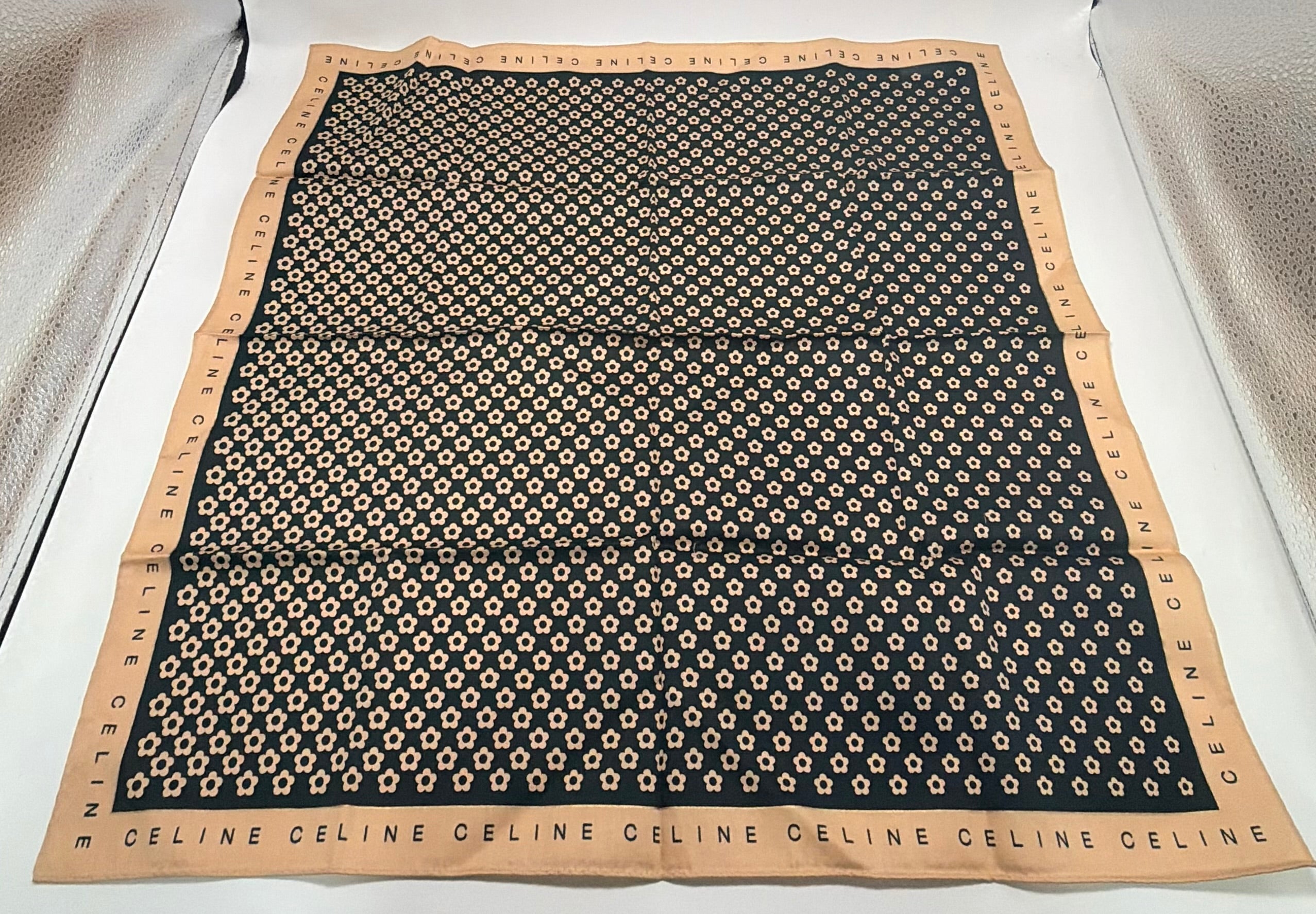 Celine Mini Floral Print Scarf – Navy with Beige Logo Border