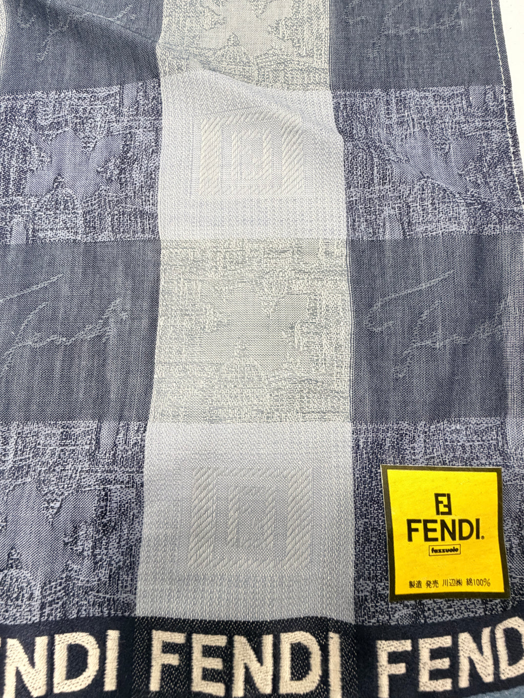 FENDI Vintage FF Logo Check Scarf – Navy, Slate Blue & Silver Grey