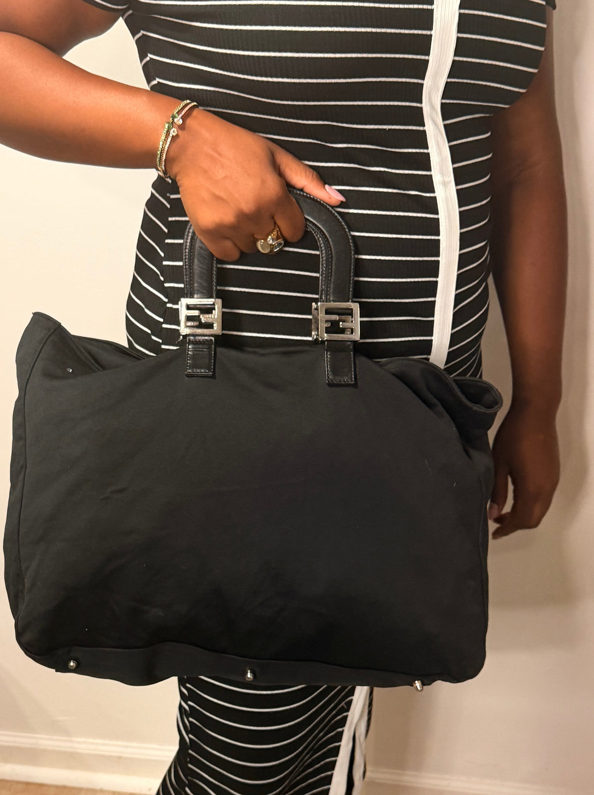 Fendi Black Nylon Large Tote / Travel Bag with FF Logo Handles