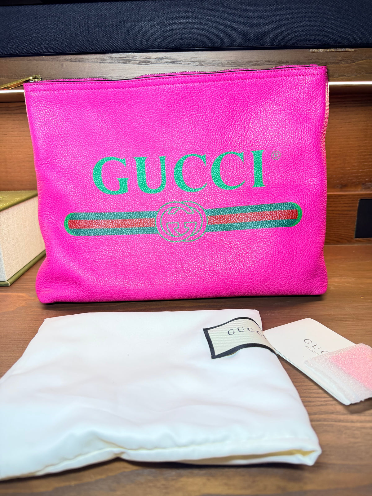 Gucci Hot Pink Leather Logo Clutch – With Dust Bag