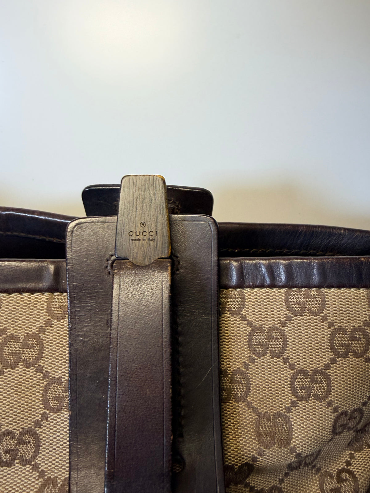 Gucci Vintage GG Monogram Canvas Tote Bag – Brown Leather Buckle Detail