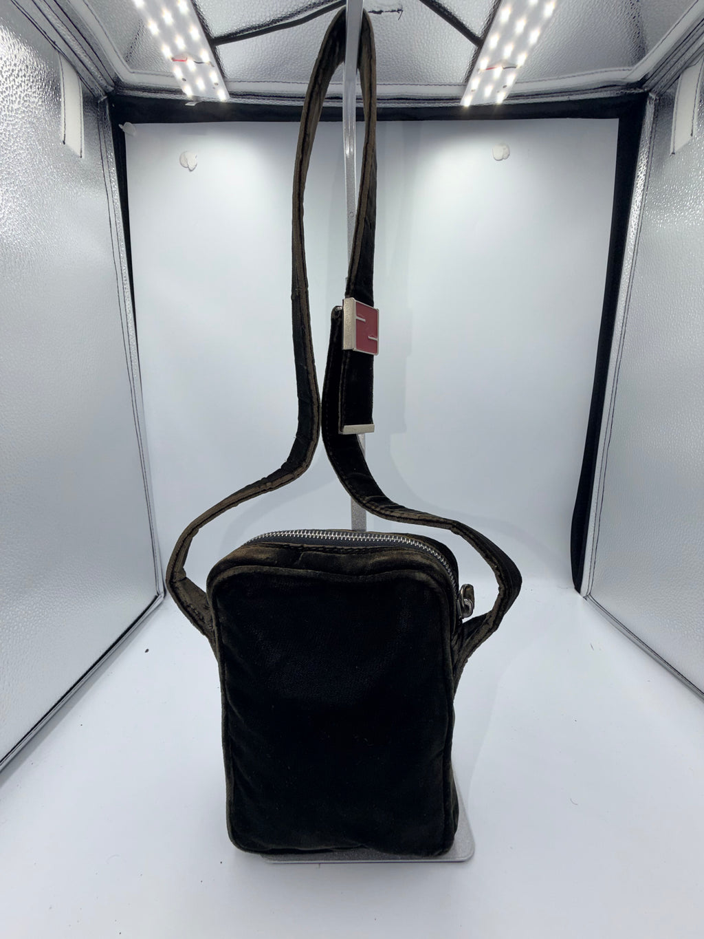 Fendi Black Velvet Mini Crossbody / Shoulder Bag with Red FF Buckle