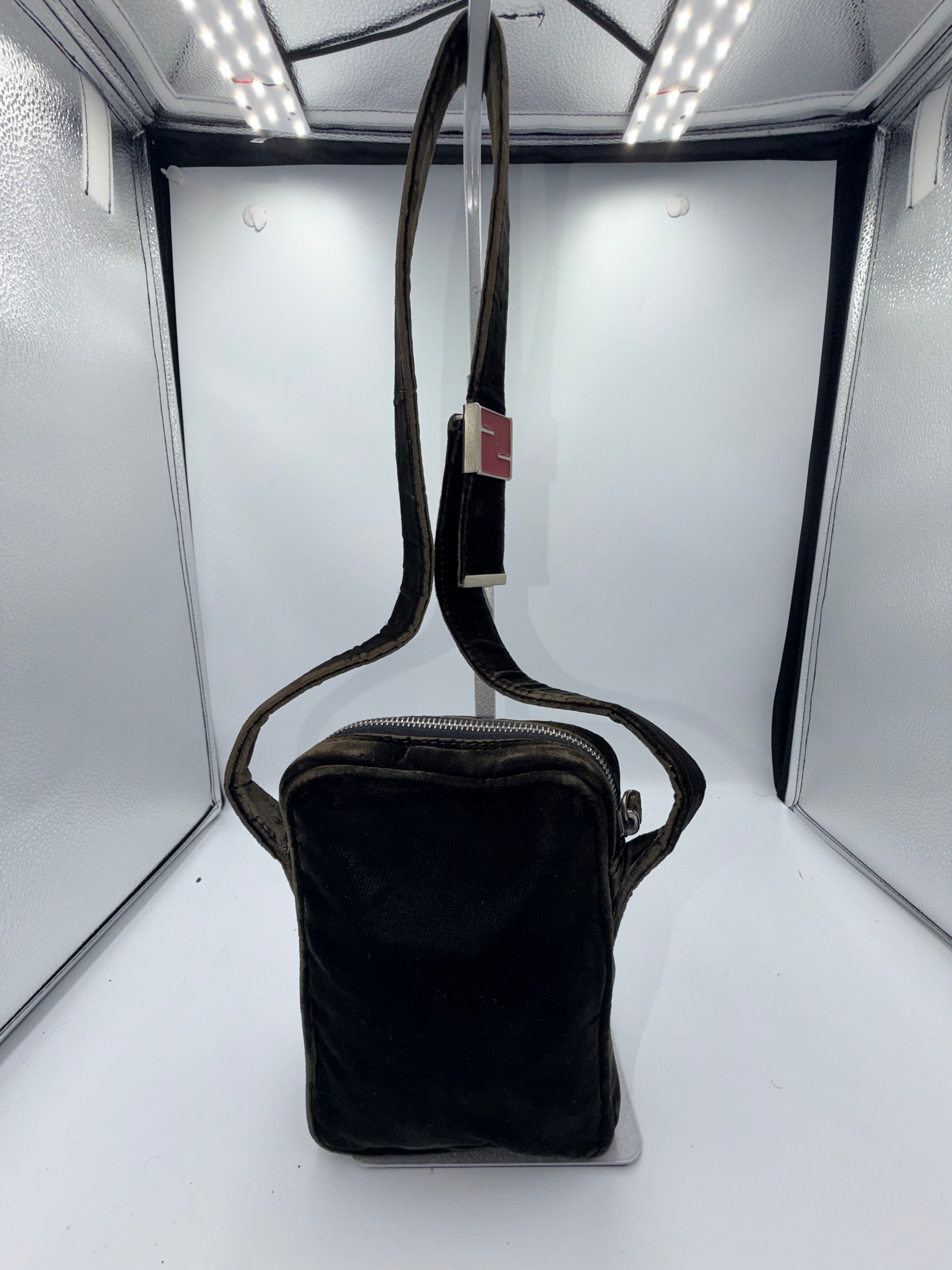 Fendi Black Velvet Mini Crossbody / Shoulder Bag with Red FF Buckle