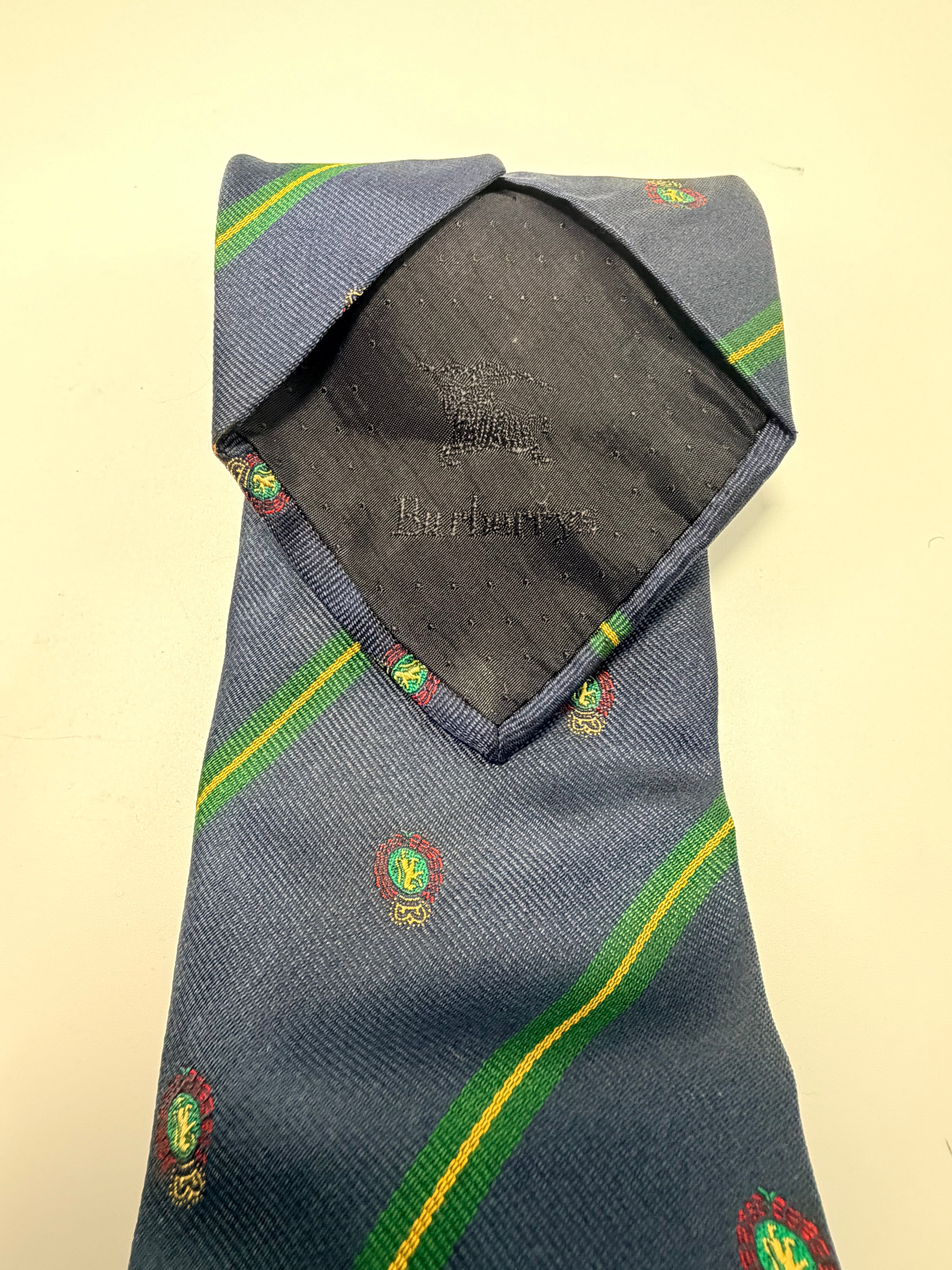 Burberrys Vintage Silk Tie – Navy Crest Stripe