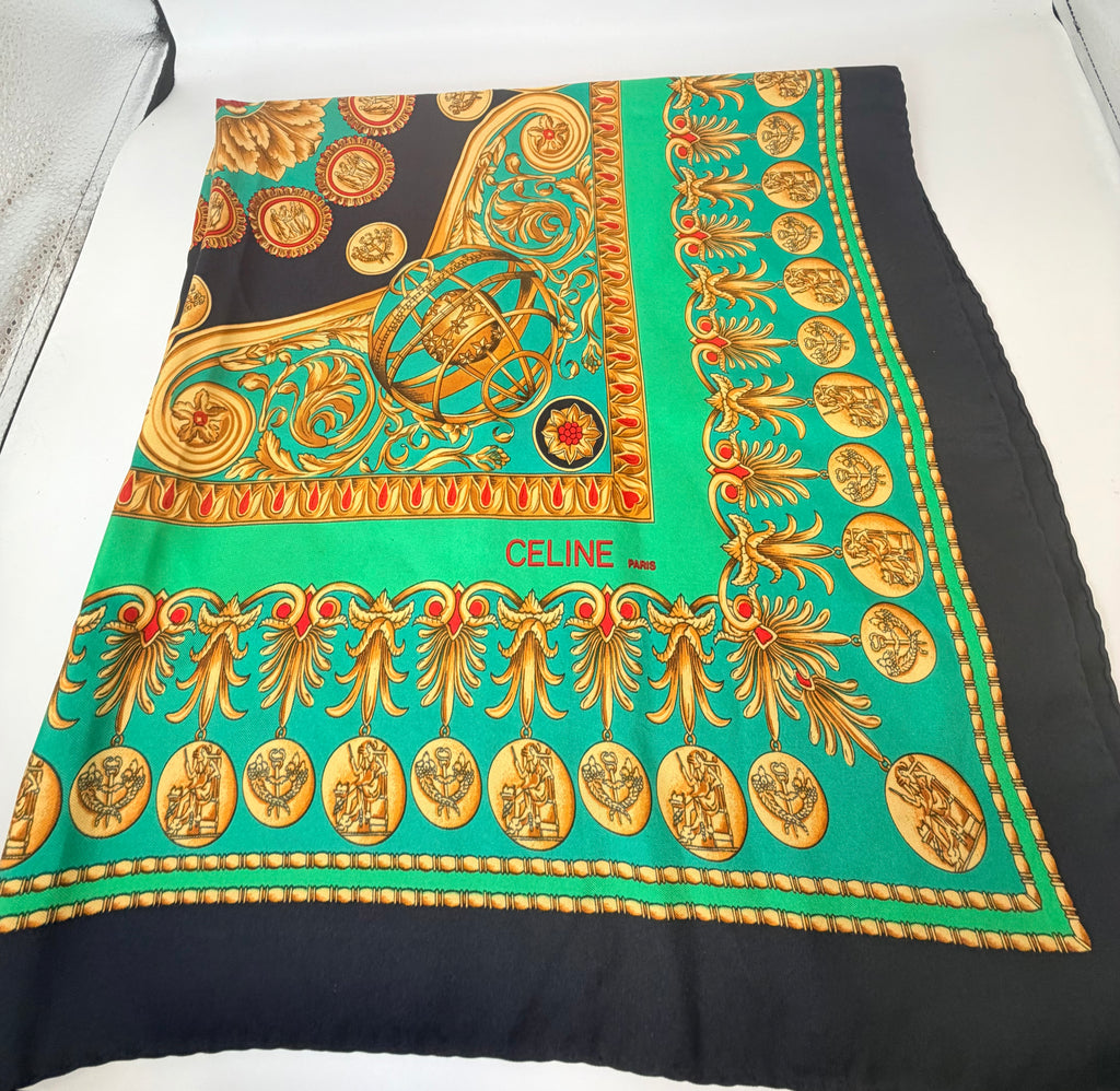 Celine Paris Silk Scarf – Baroque Medallion Print (Green & Gold)