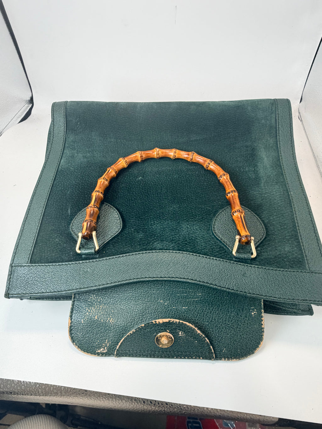 Gucci Bamboo Handle Suede & Leather Tote Bag – Green