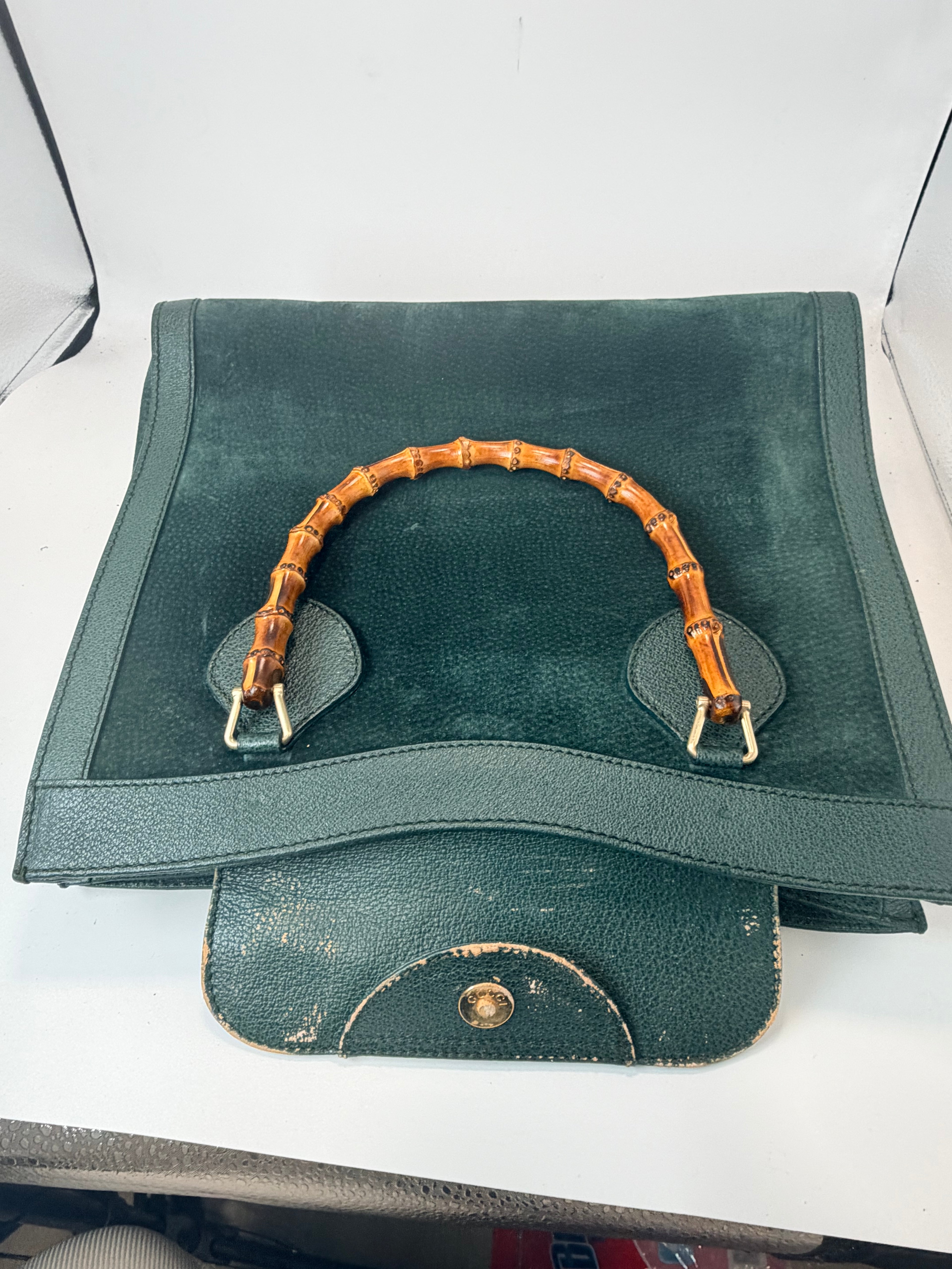 Gucci Bamboo Handle Suede & Leather Tote Bag – Green