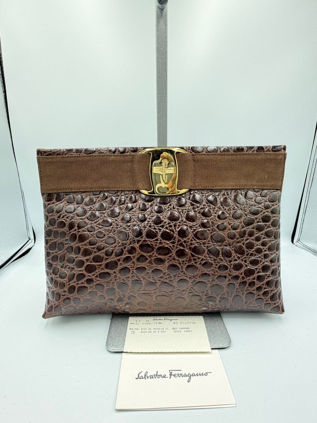 Salvatore Ferragamo Croc Embossed Gancini Clutch
