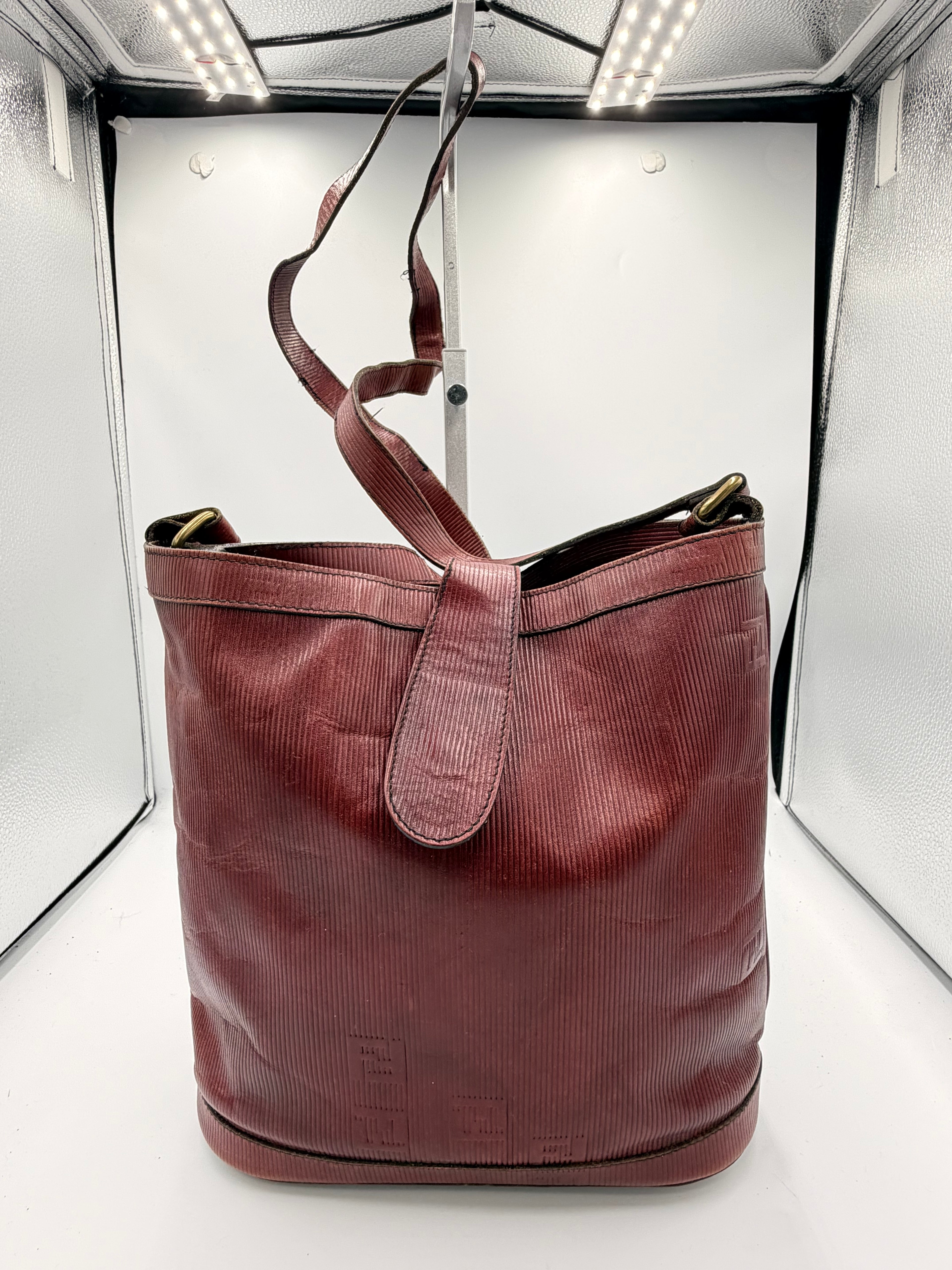 Fendi Pequin Embossed Bucket /Crossbody Bag – Burgundy