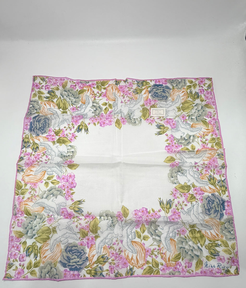Vintage Nina Ricci Floral & Dove Cotton Scarf – Pink Trim