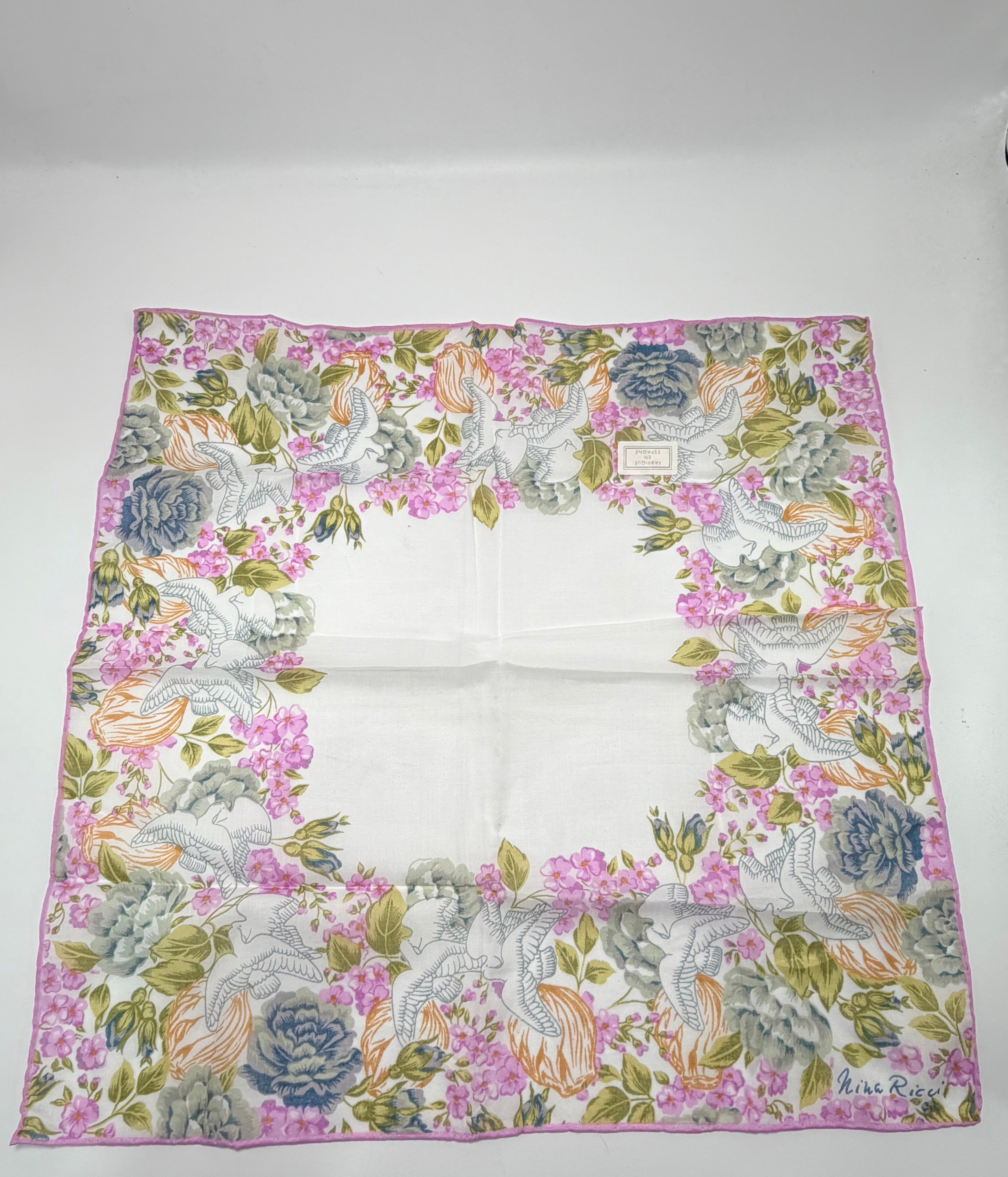 Vintage Nina Ricci Floral & Dove Cotton Scarf – Pink Trim