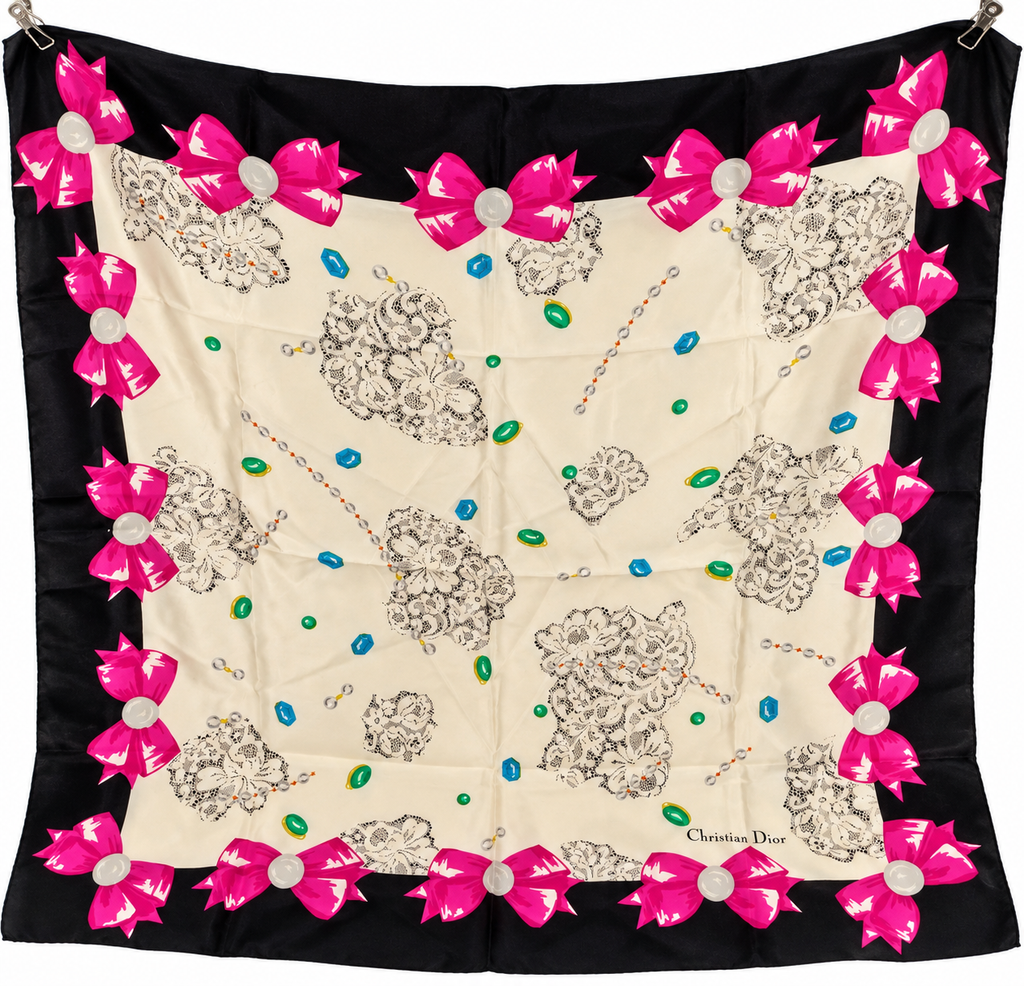 Christian Dior Pink Bow & Lace Print Silk Scarf