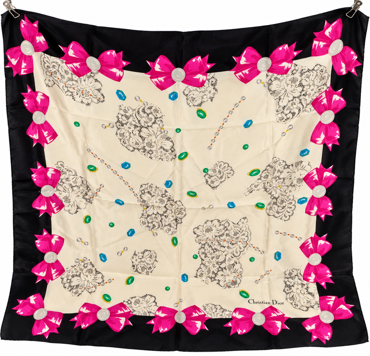 Christian Dior Pink Bow & Lace Print Silk Scarf