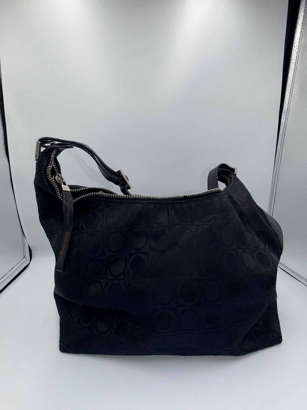 Salvatore Ferragamo Gancini Black Shoulder Bag Jacquard Logo Bag