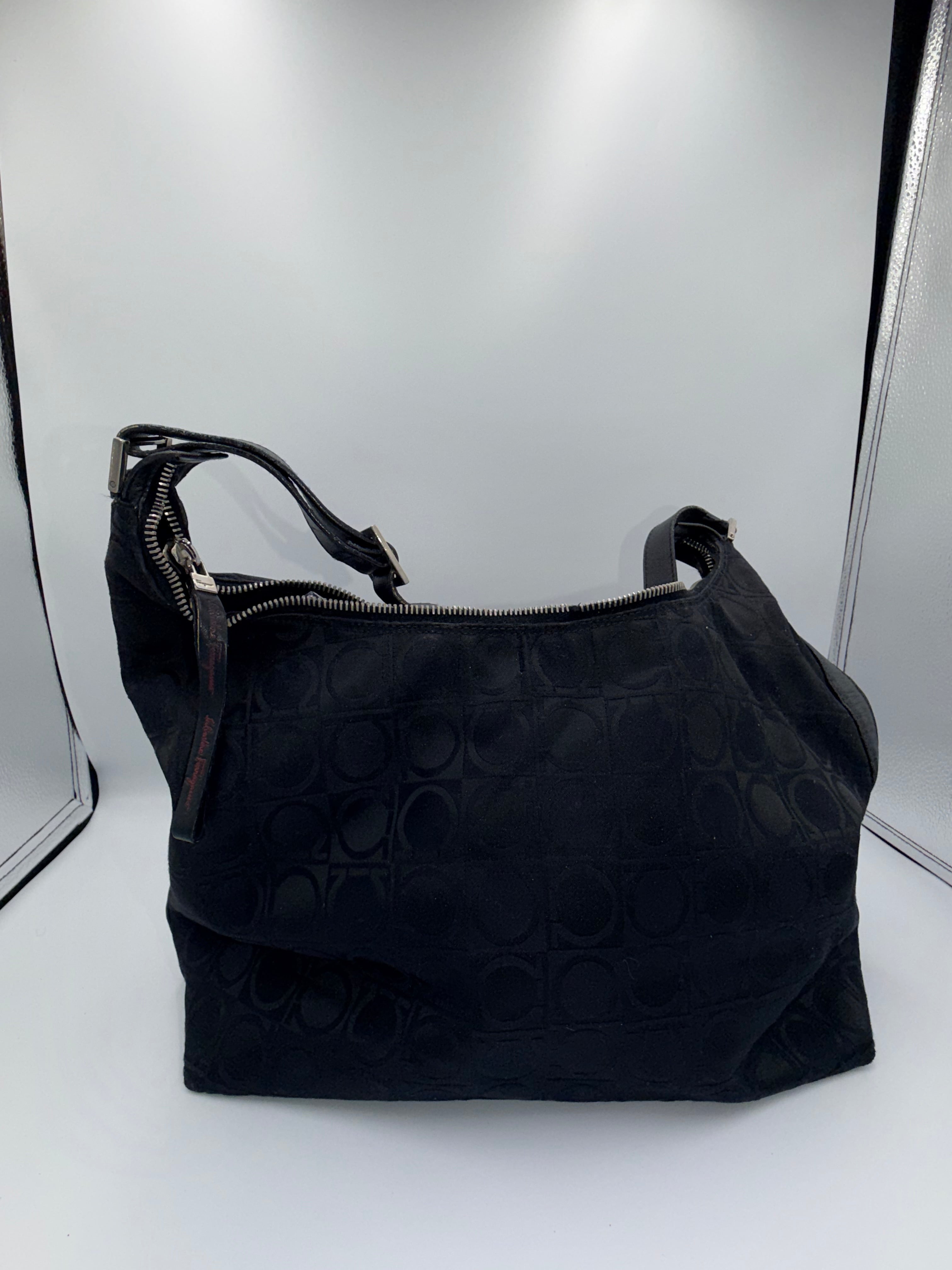 Salvatore Ferragamo Gancini Black Shoulder Bag Jacquard Logo Bag
