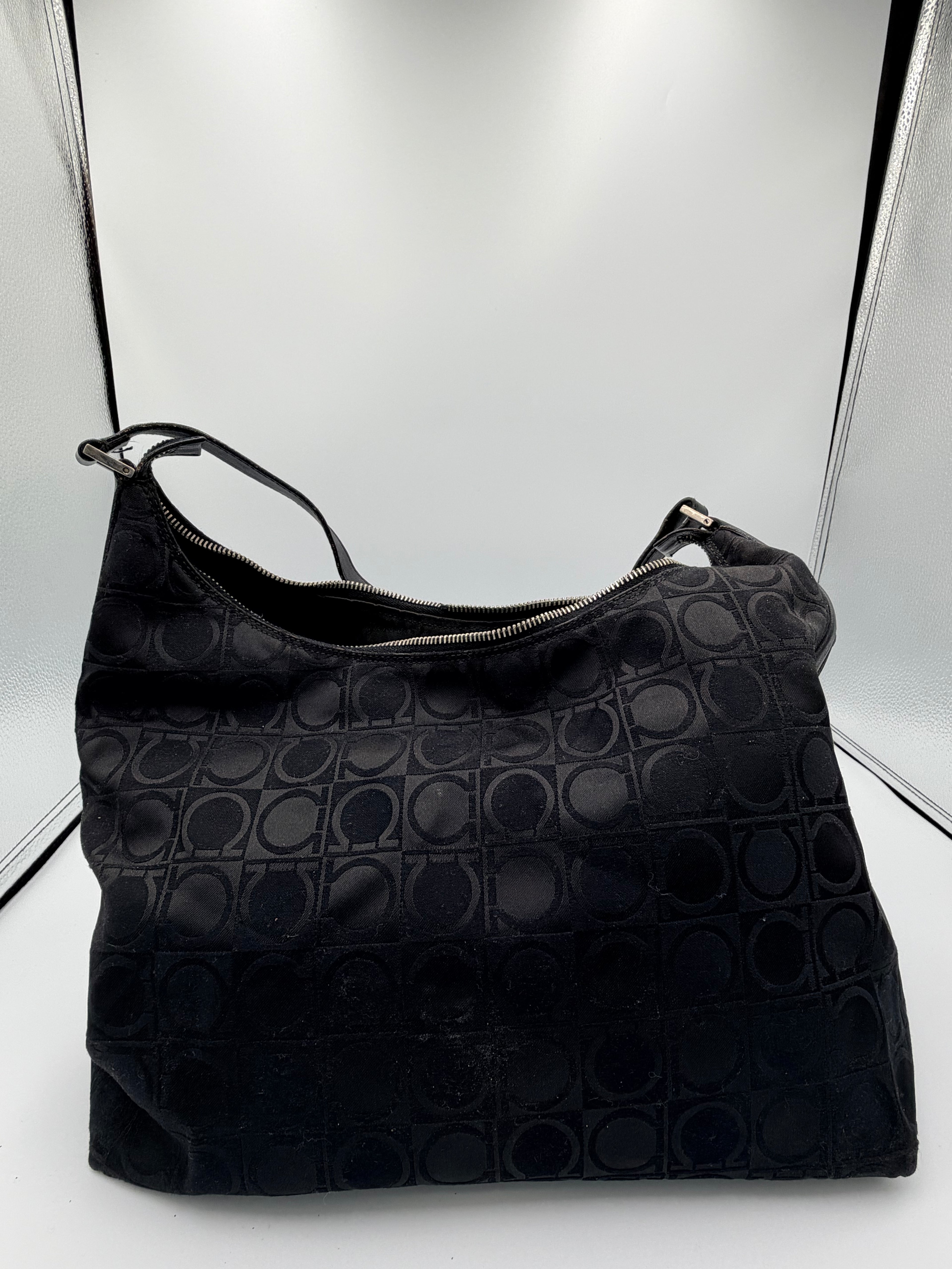 Salvatore Ferragamo Gancini Black Shoulder Bag Jacquard Logo Bag