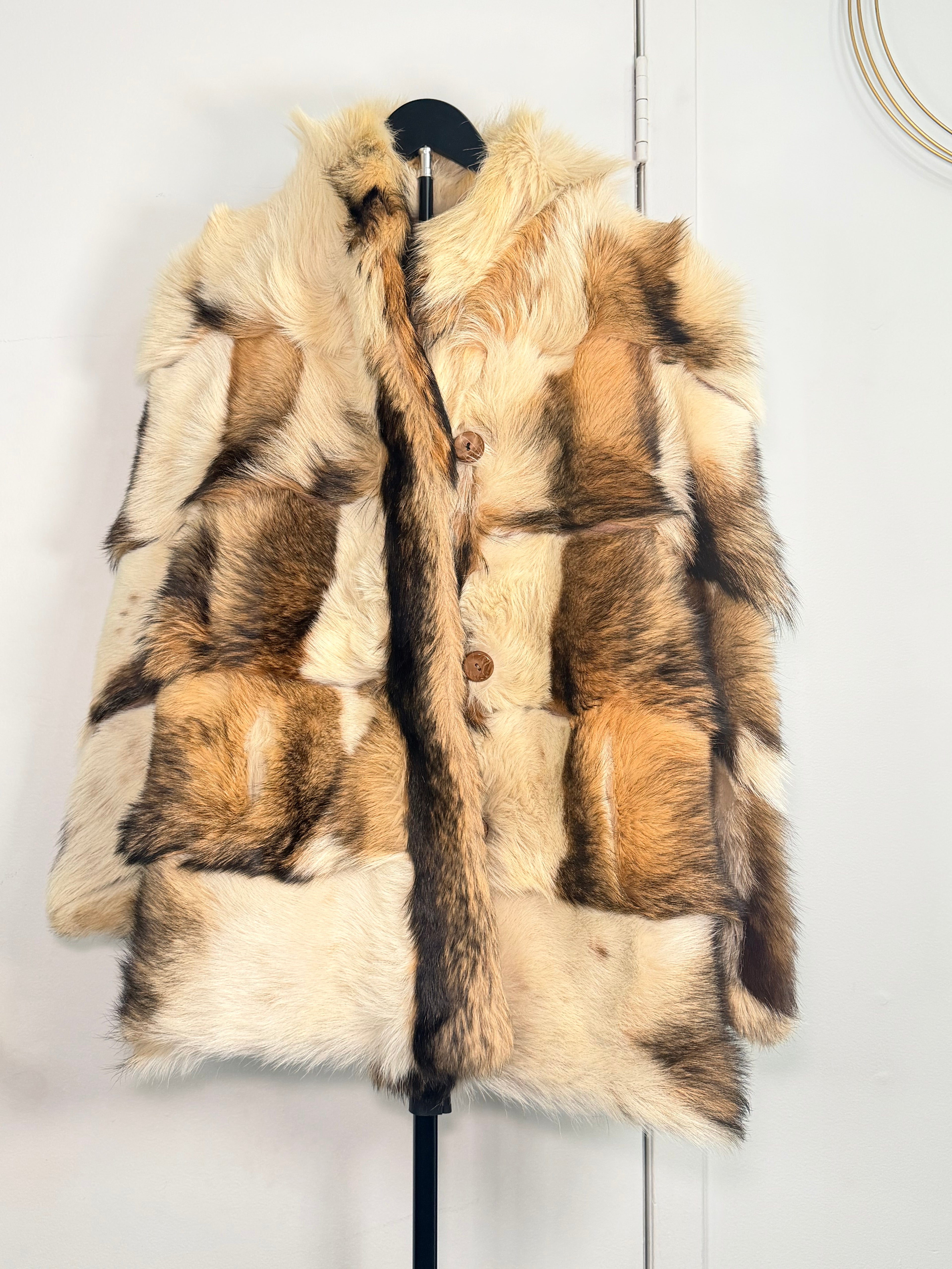 Vintage Patchwork Rabbit Fur Coat – Cream, Honey & Espresso (Medium)