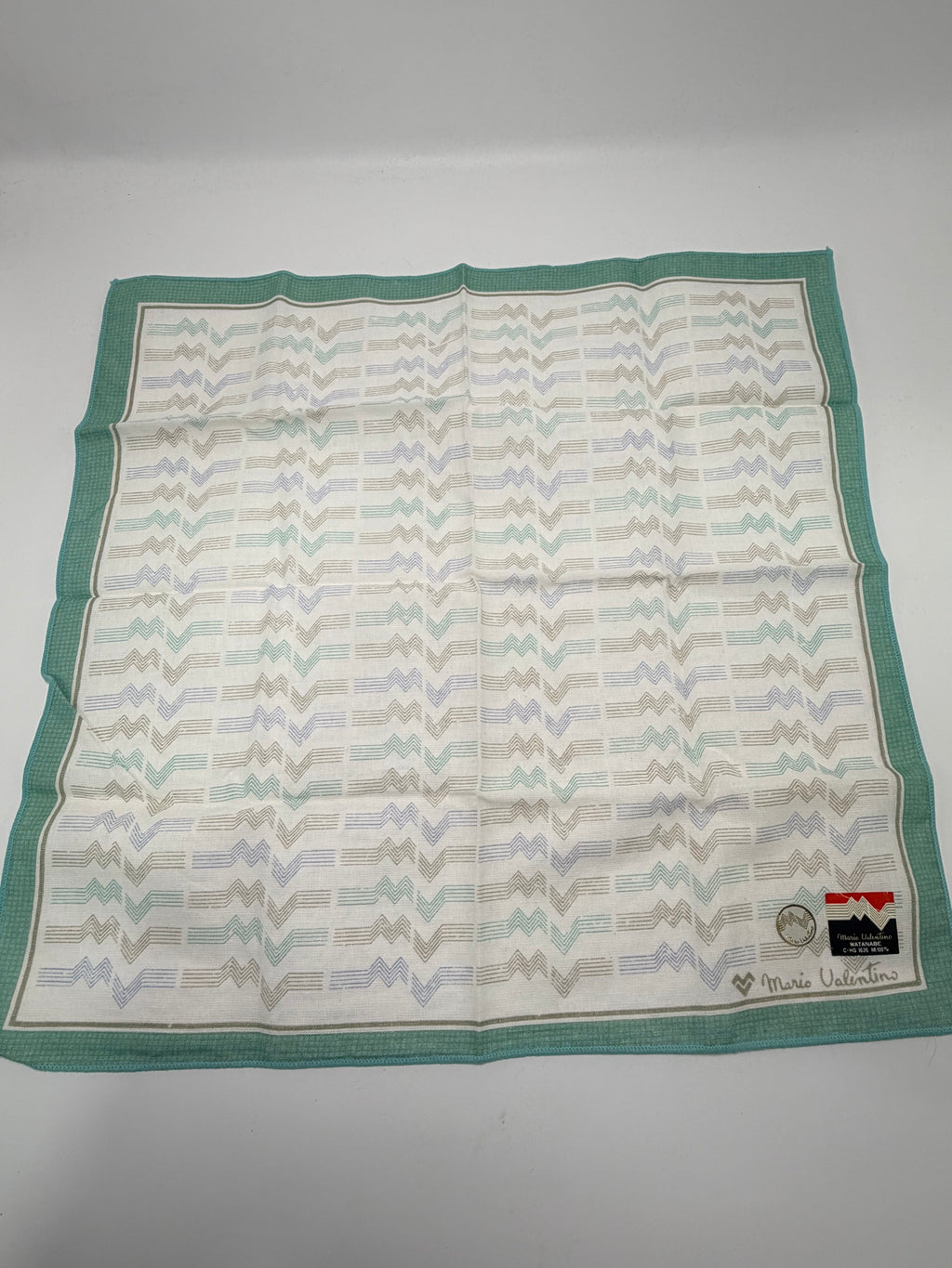 Valentino Watanabe Geometric Scarf – Mint Green & Pastel Zigzag
