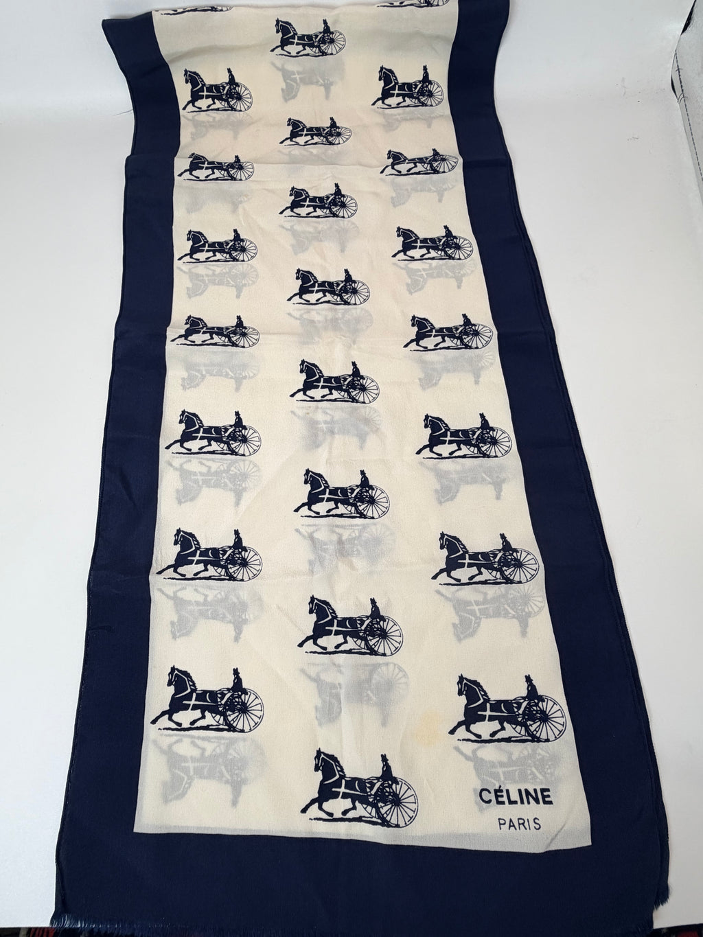 CELINE Vintage Long Silk Scarf – “Carriage Parade”