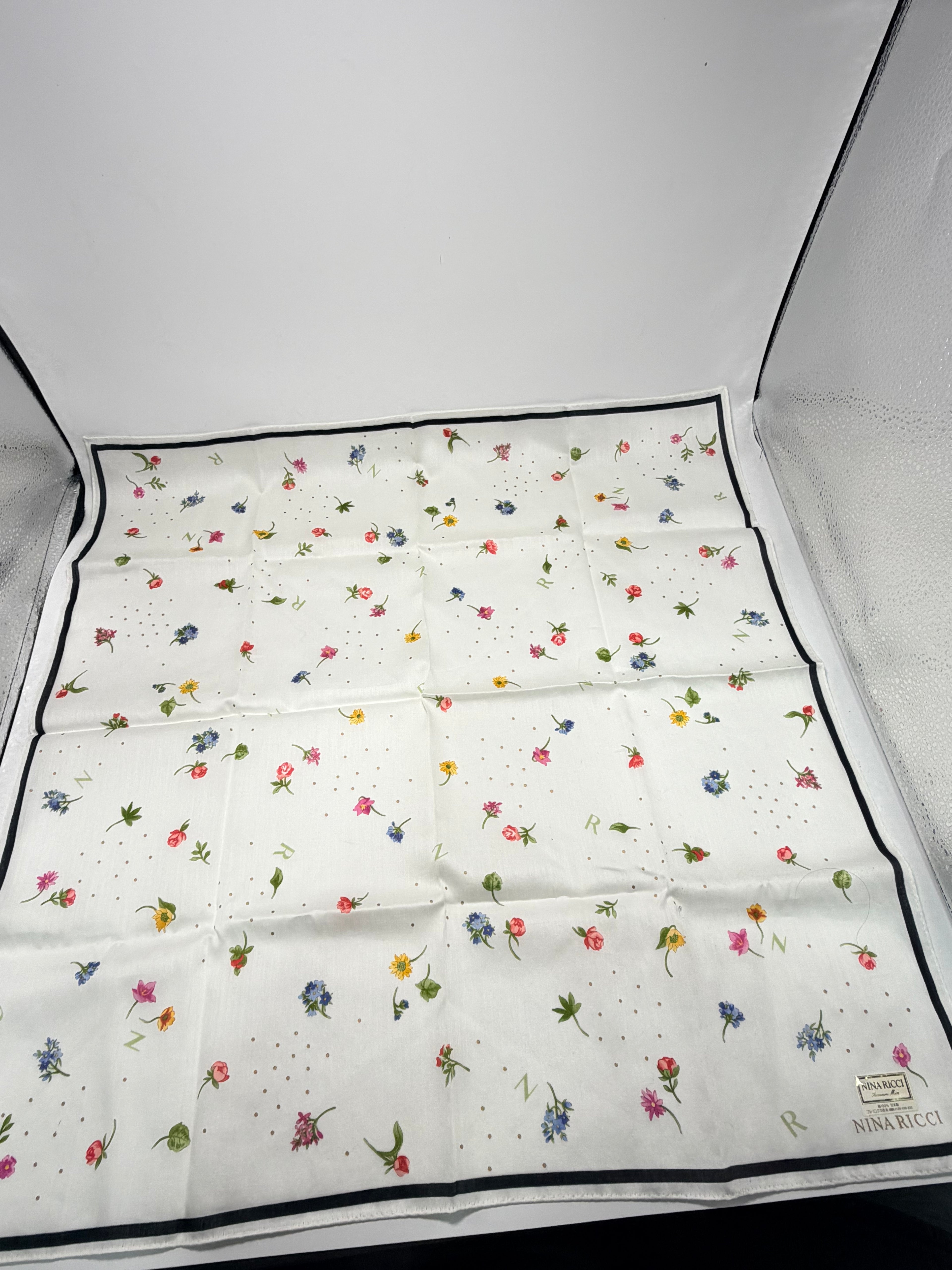 Vintage Nina Ricci Floral Cotton Scarf – Ivory Multicolor Botanical Print