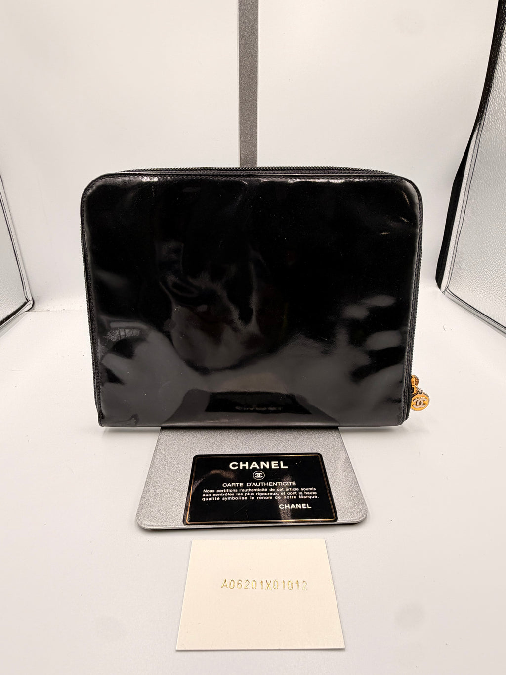 Chanel Vintage Black Patent Leather Oversized CC Zip-Around Clutch/ Pouch