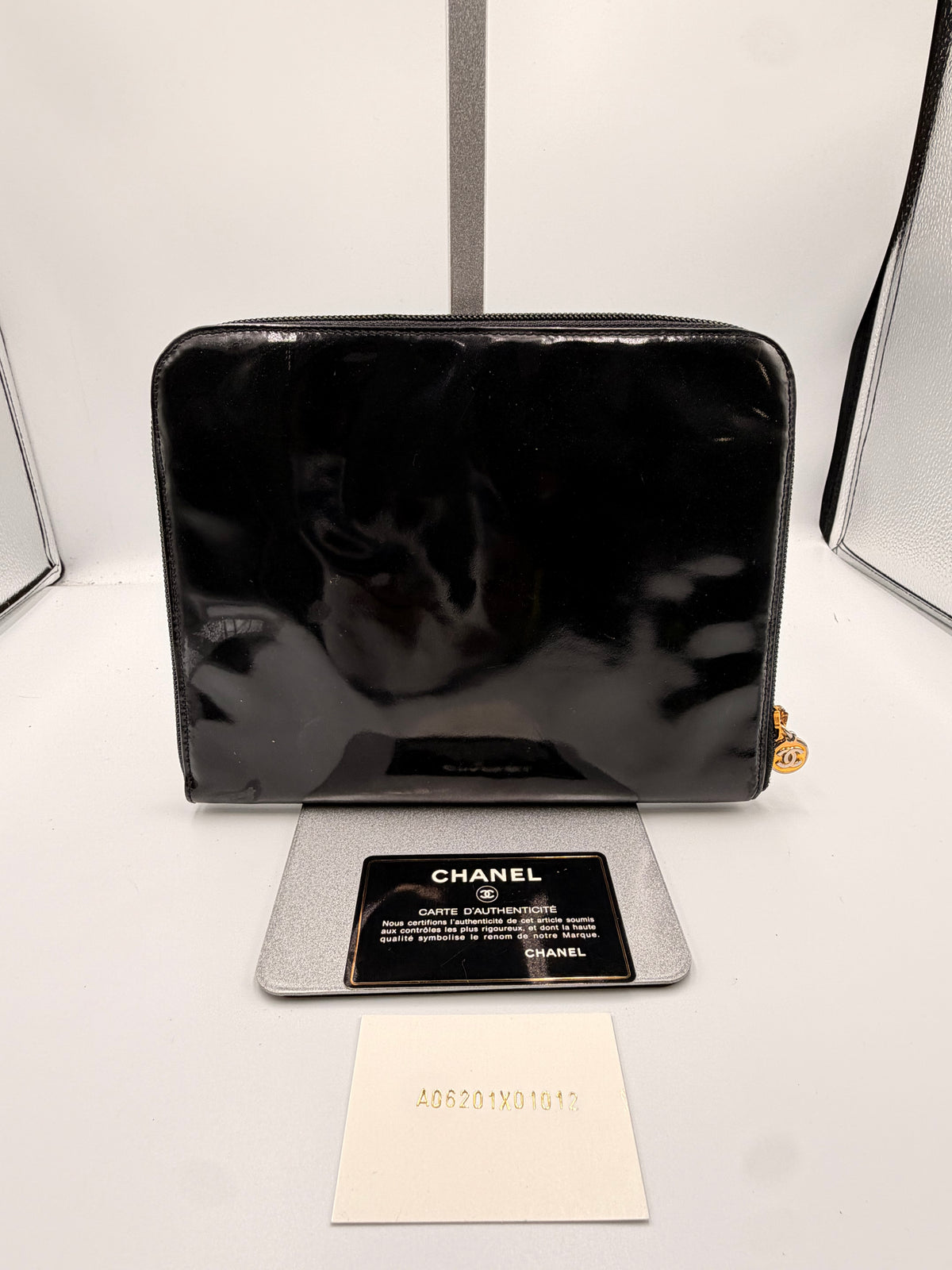 Chanel Vintage Black Patent Leather Oversized CC Zip-Around Clutch/ Pouch