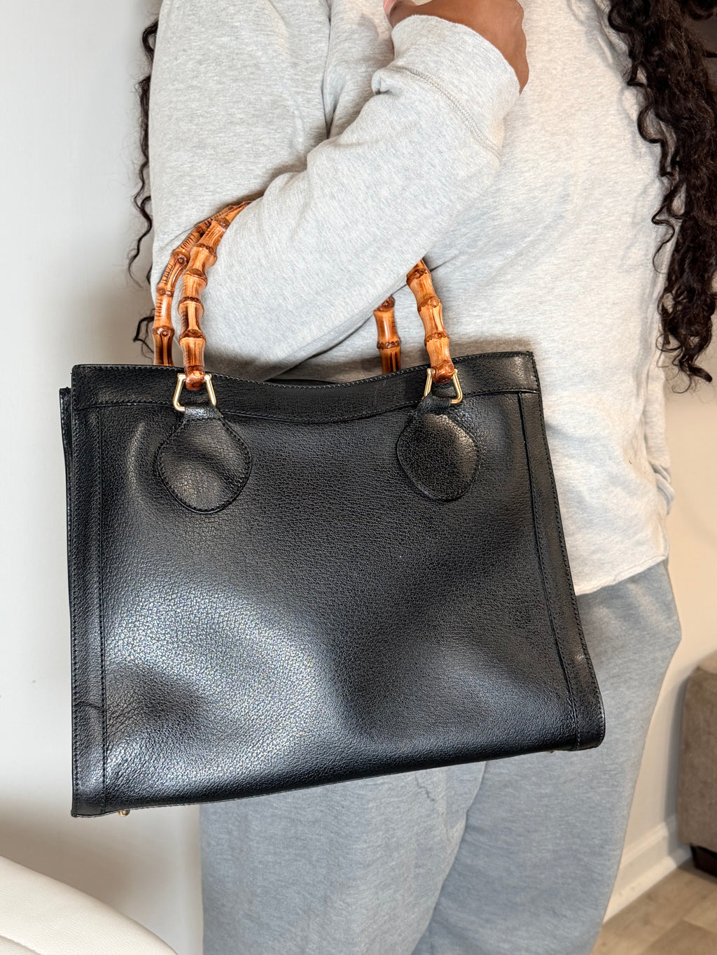 Gucci Vintage Bamboo Handle Black Leather Tote