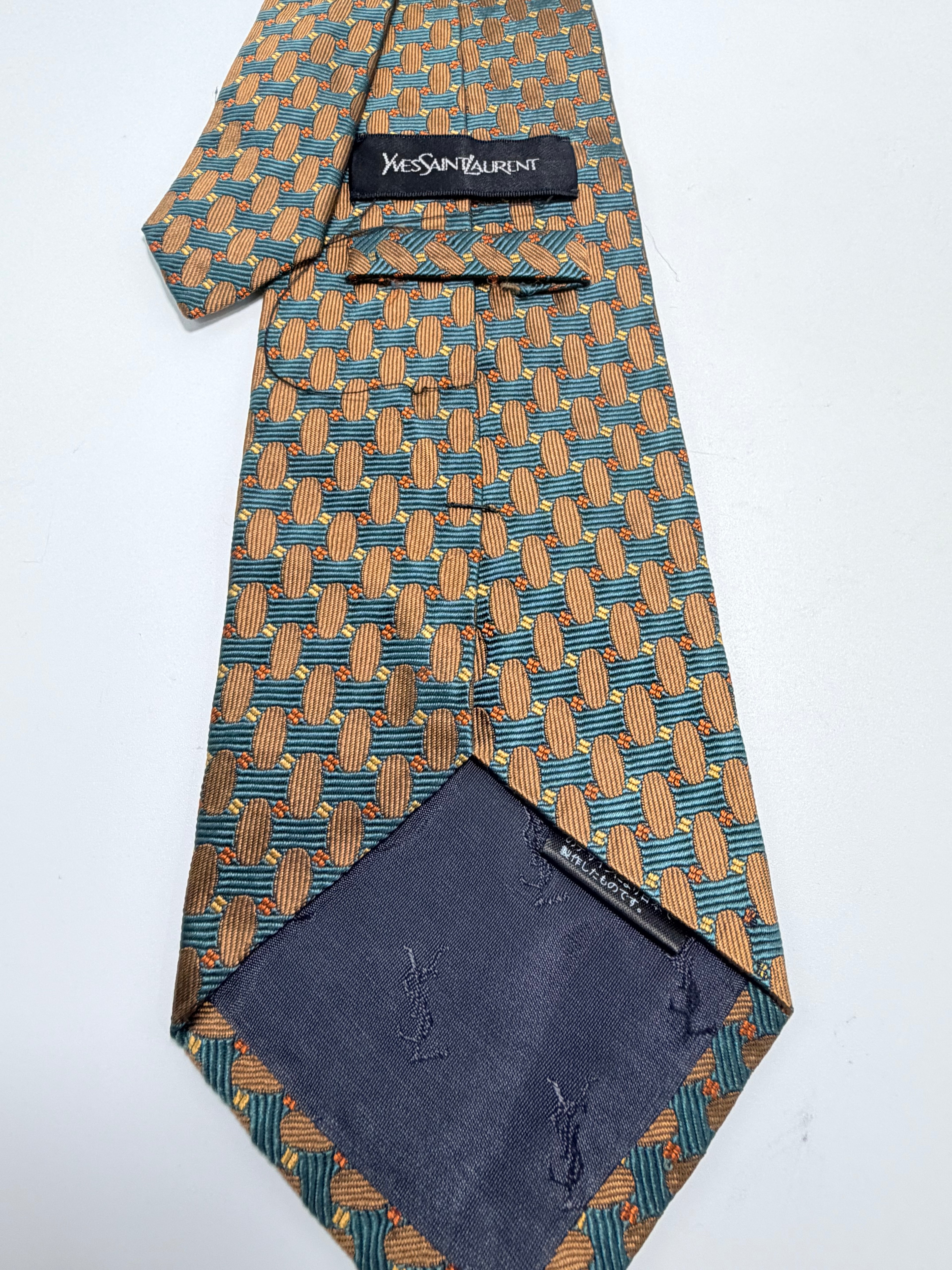 Yves Saint Laurent Silk Tie – Teal & Bronze Geometric
