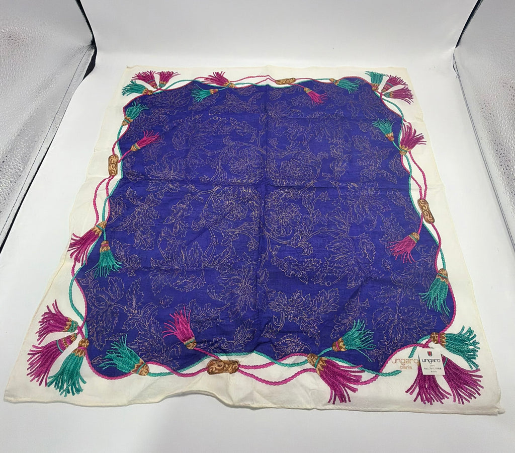 Ungaro Paris Floral Tassel Scarf – Royal Blue with Multicolor Rope Border