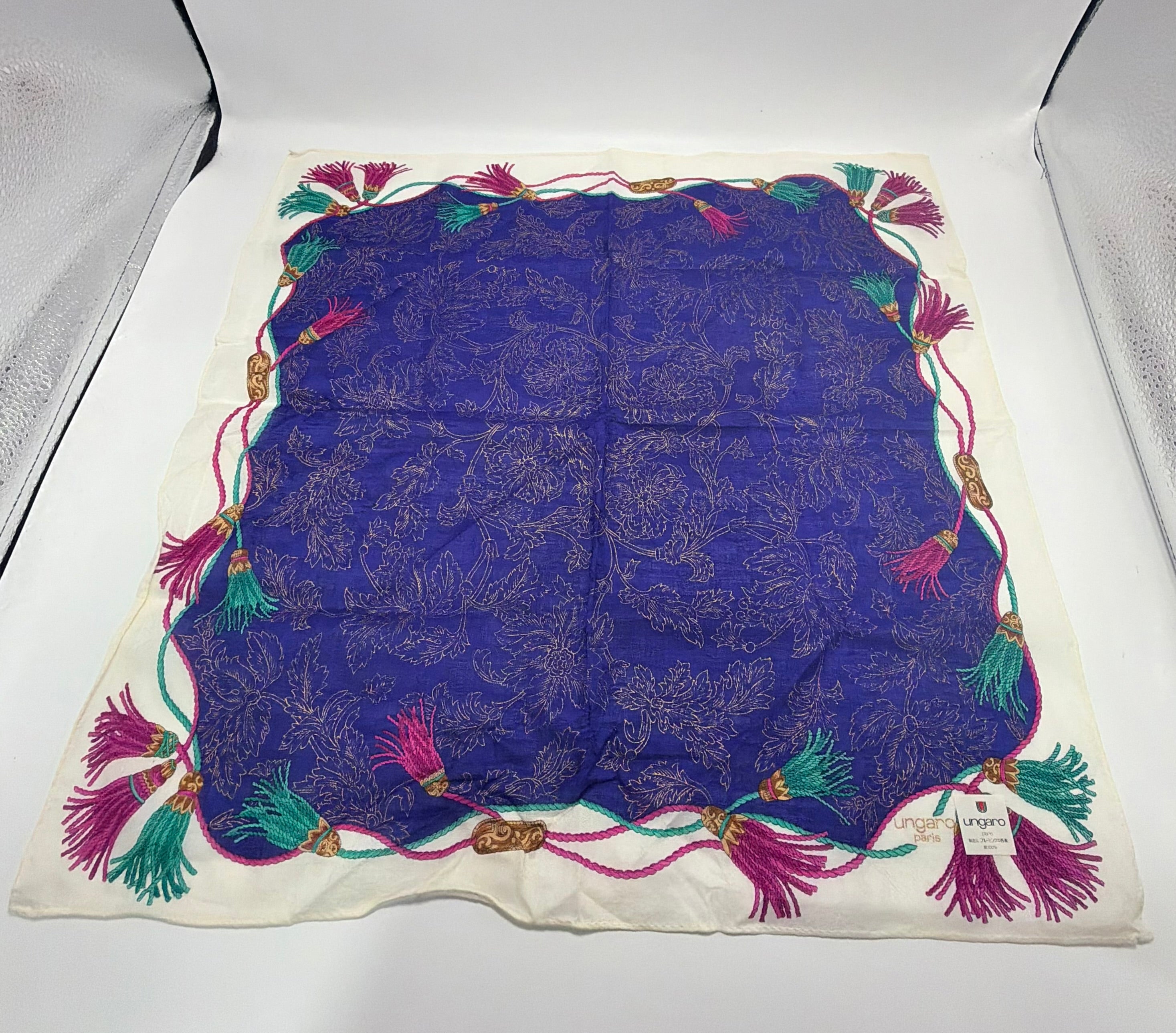 Ungaro Paris Floral Tassel Scarf – Royal Blue with Multicolor Rope Border