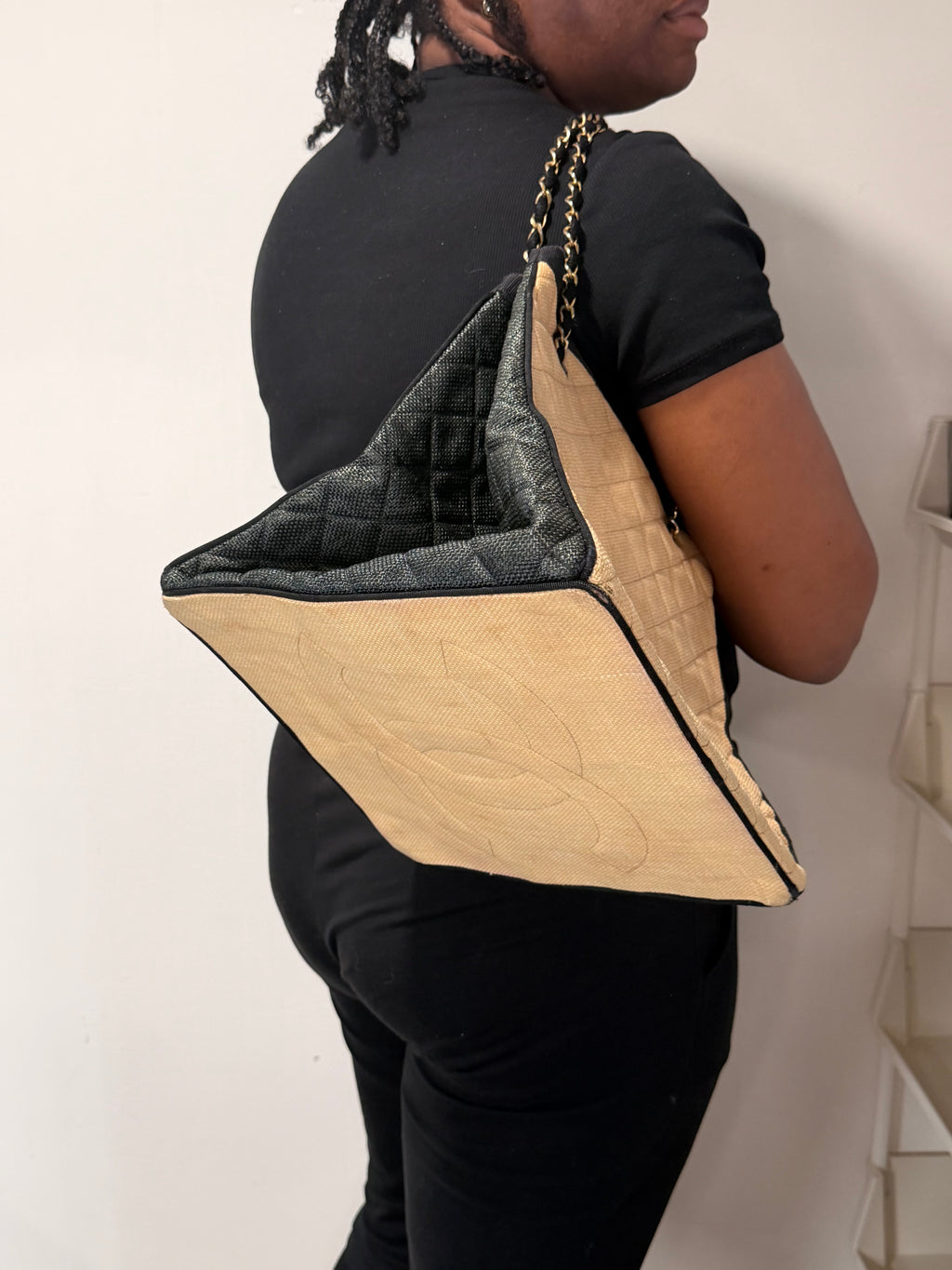 Chanel XL Raffia Canvas Chain Tote