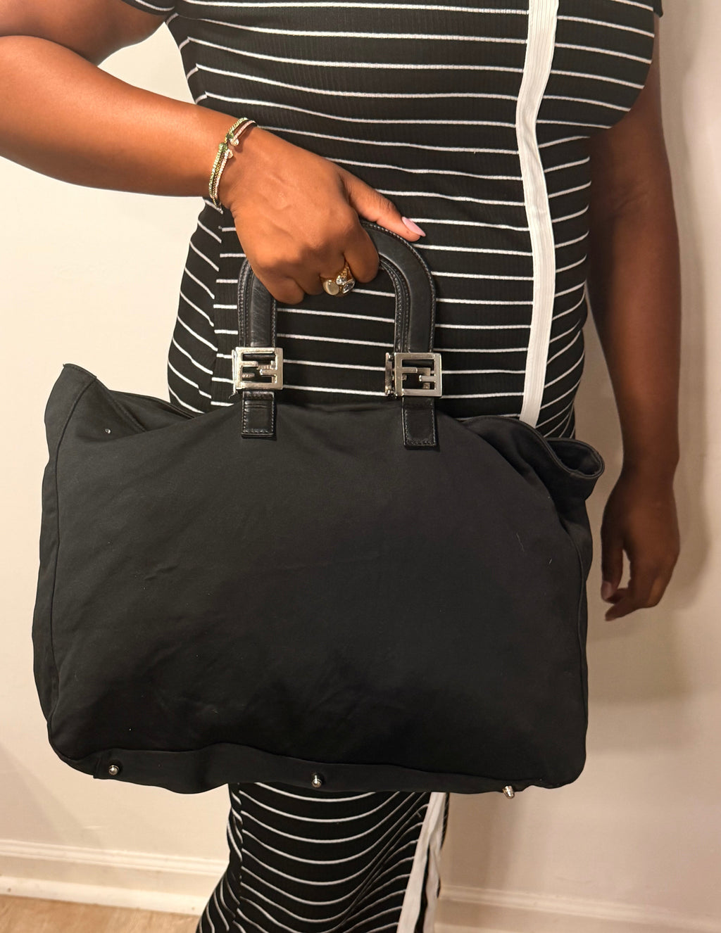 Fendi Black Nylon Large Tote / Travel Bag with FF Logo Handles
