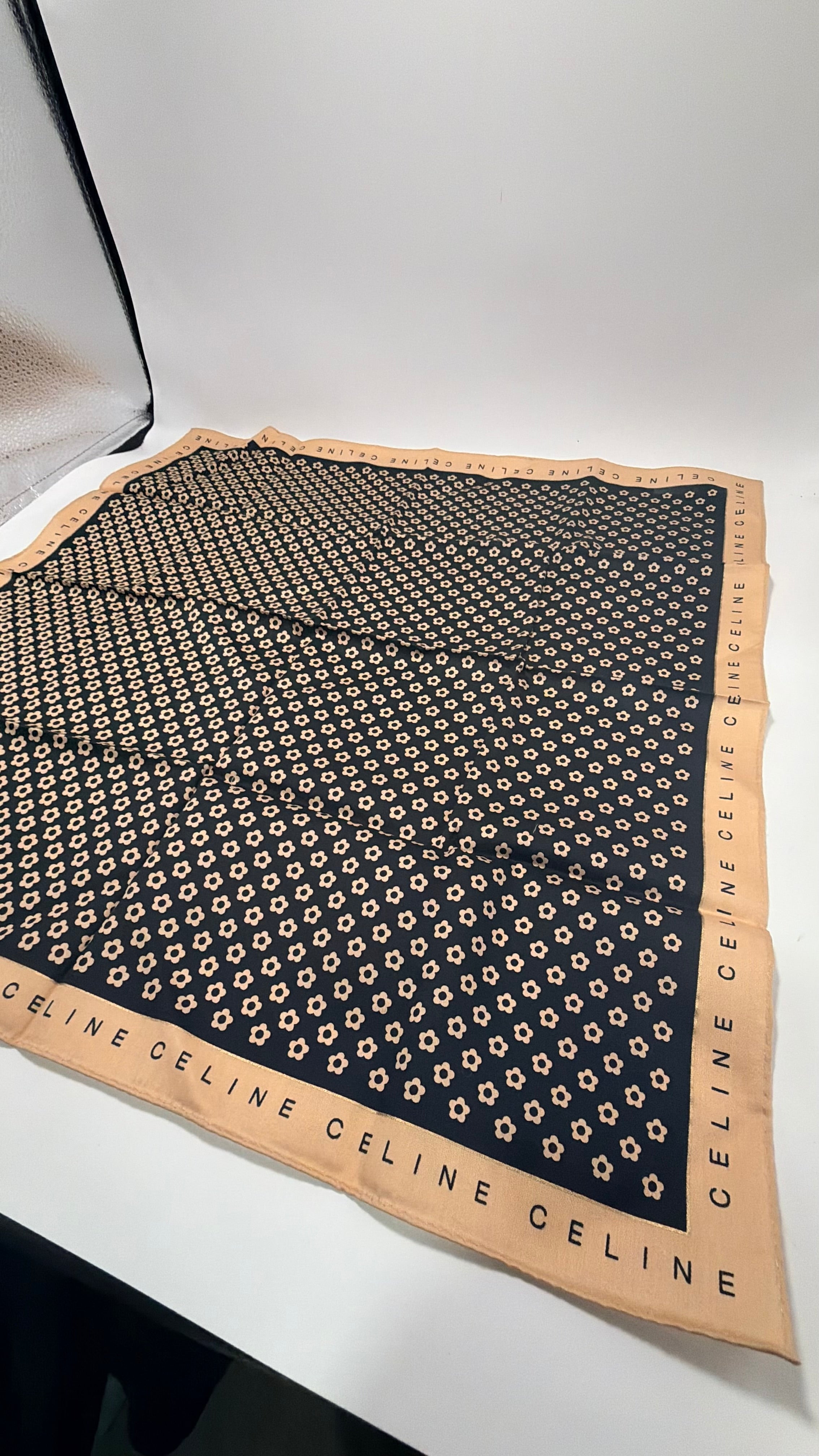 Celine Mini Floral Print Scarf – Navy with Beige Logo Border