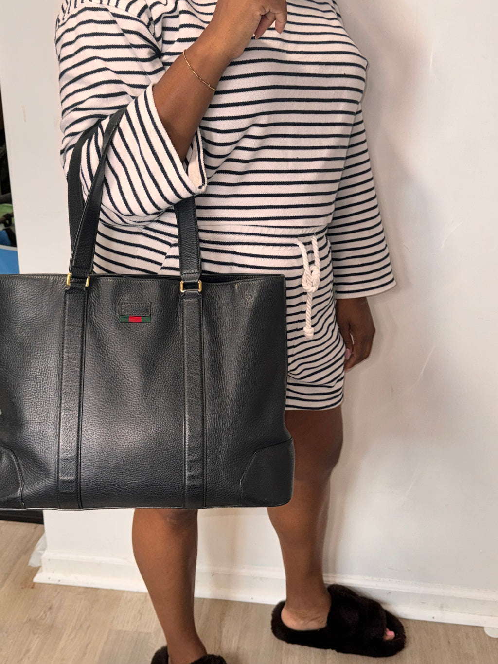 Gucci Black Leather Web Stripe Tote Bag
