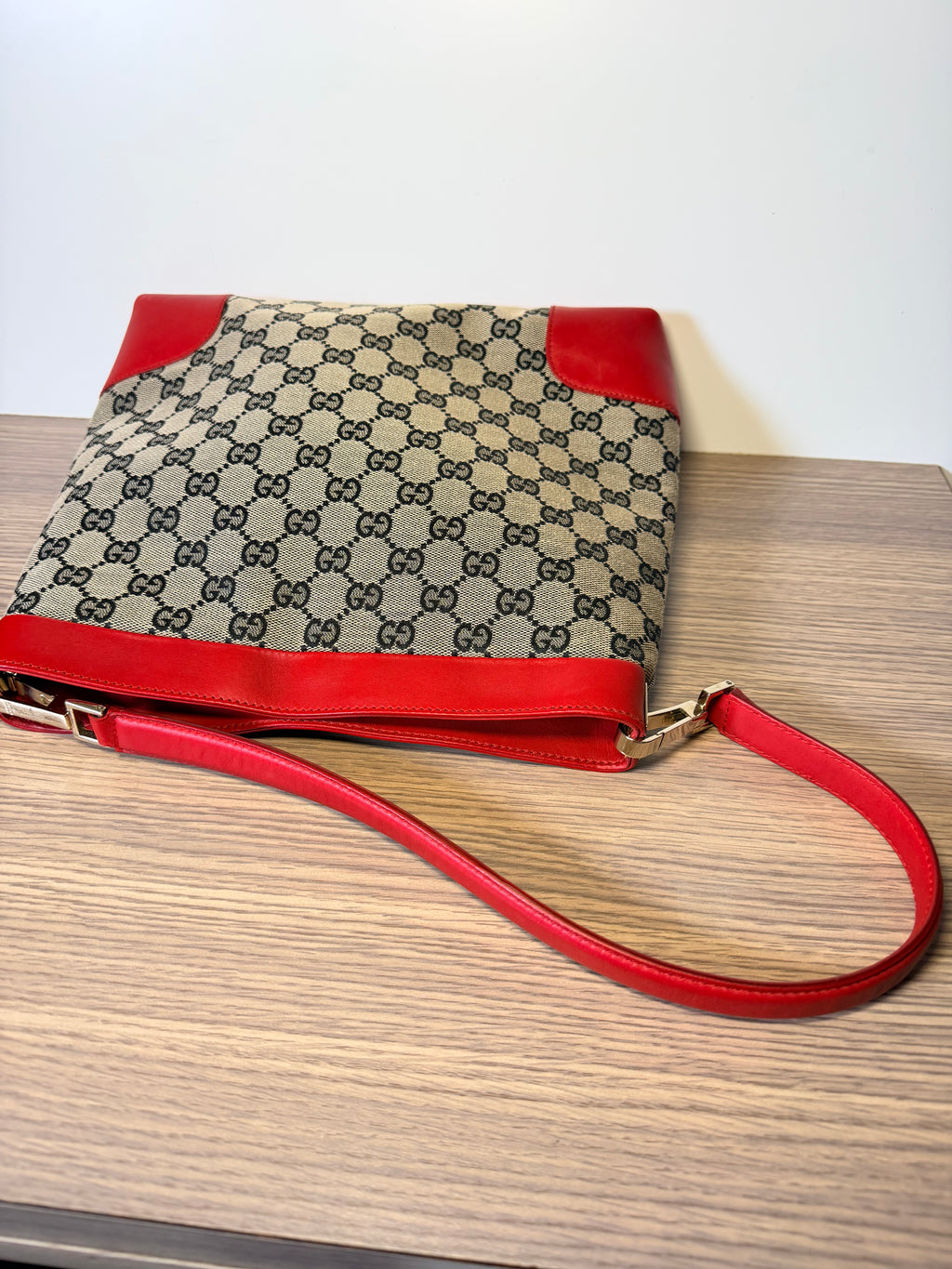 Gucci GG Monogram Canvas Red Leather Shoulder Bag