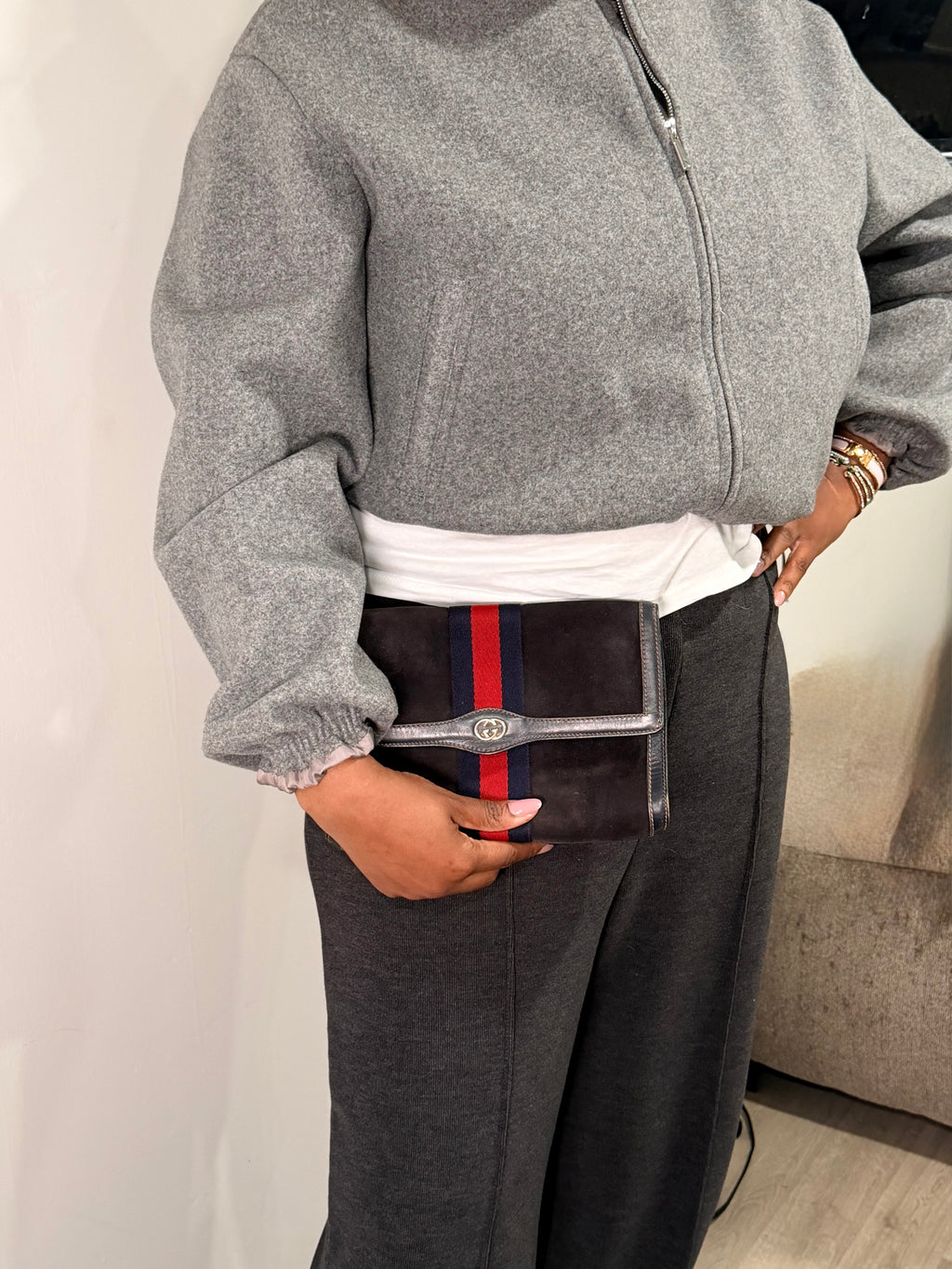 Gucci Suede Clutch with Web Stripe – Navy & Red