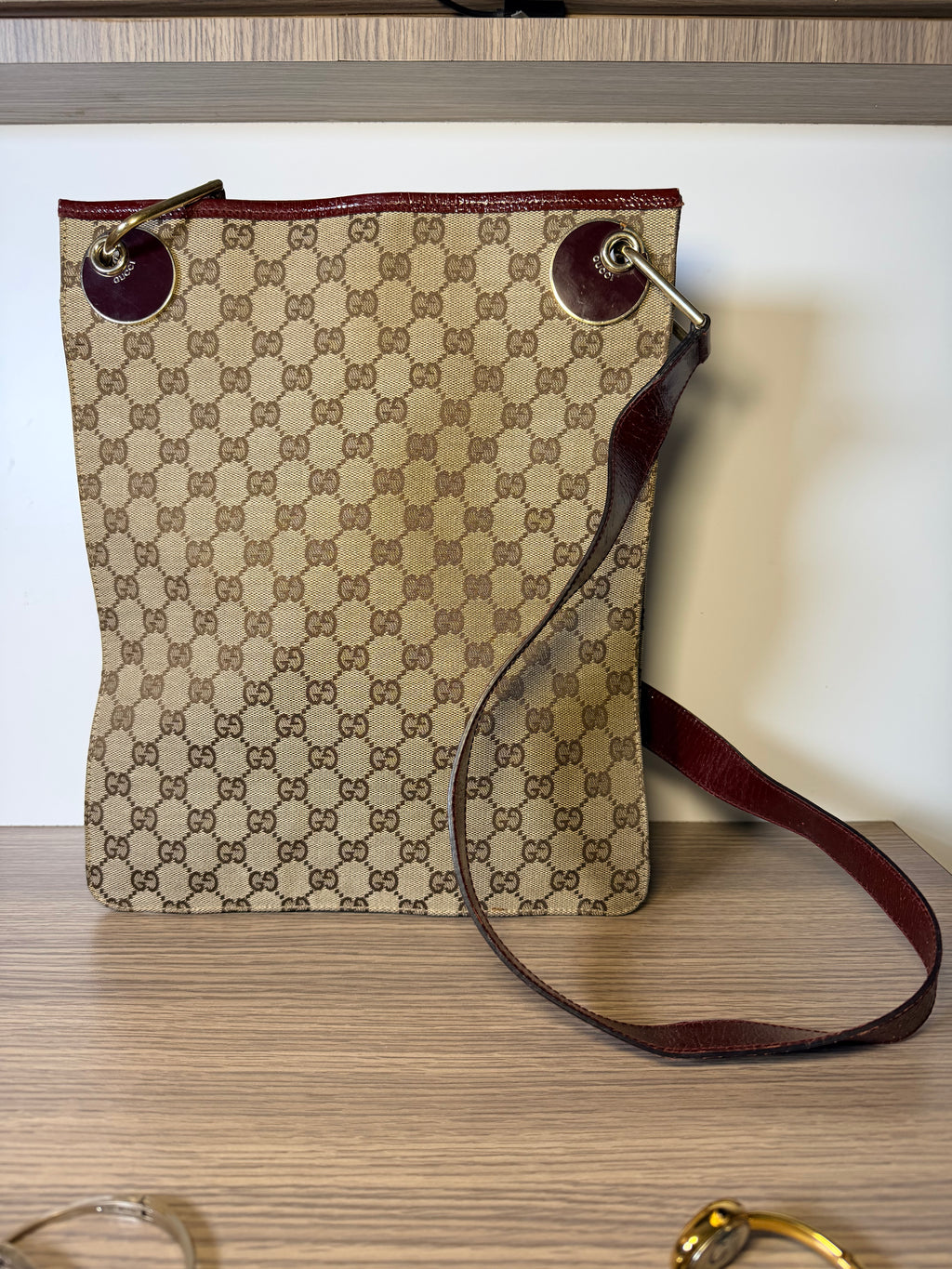 Gucci GG Monogram Canvas Burgundy Leather Shoulder / Crossbody Bag