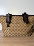 Gucci Vintage GG Monogram Canvas Tote Bag – Brown Leather Buckle Detail