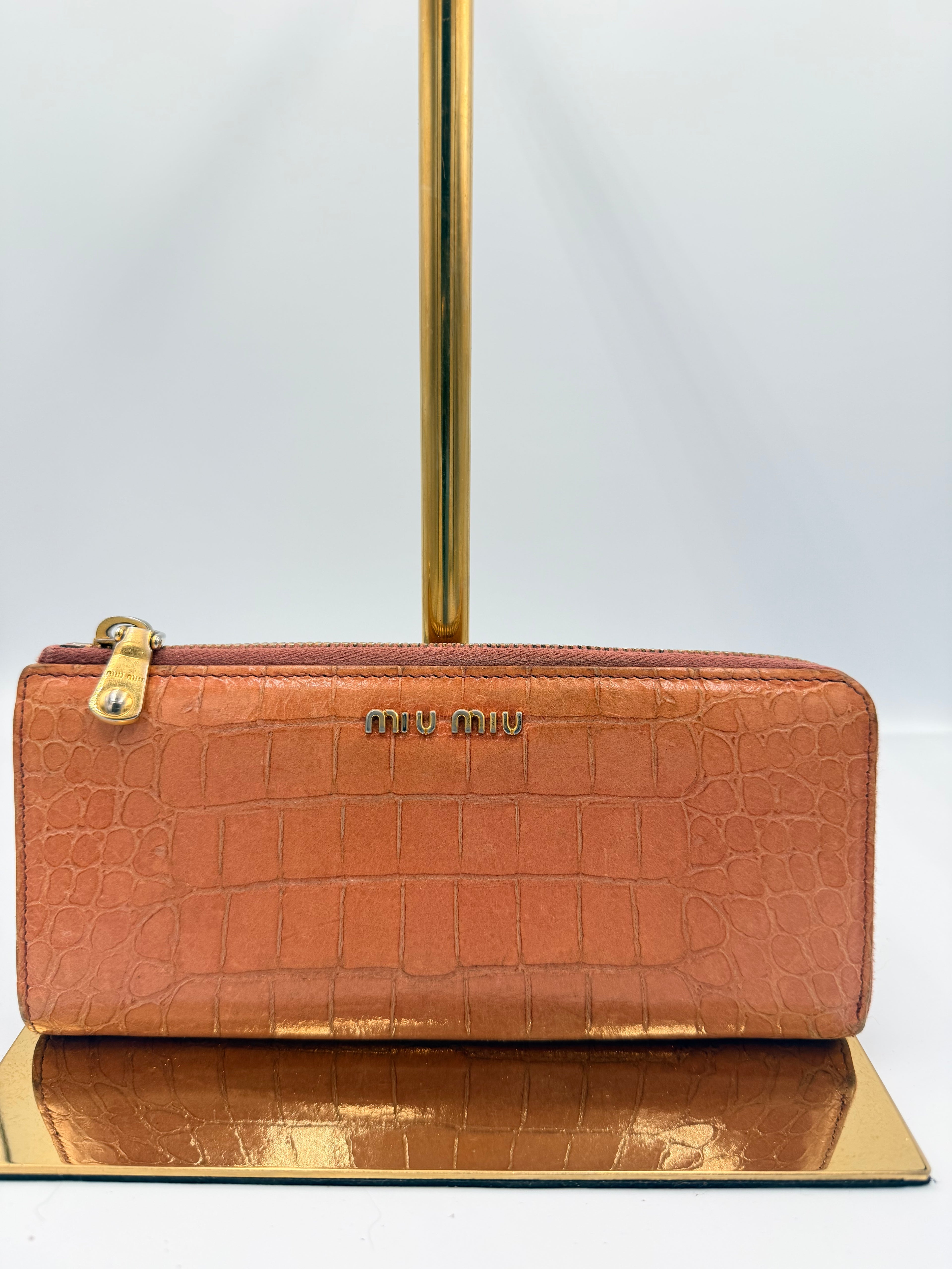 Miu Miu Pink Croc Embossed Zip Around Wallet