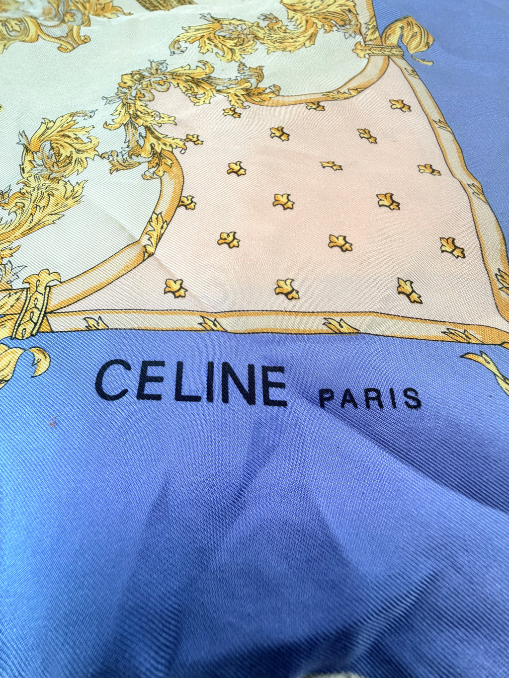 Vintage Celine Paris Silk Scarf – Blue & Gold Baroque Print