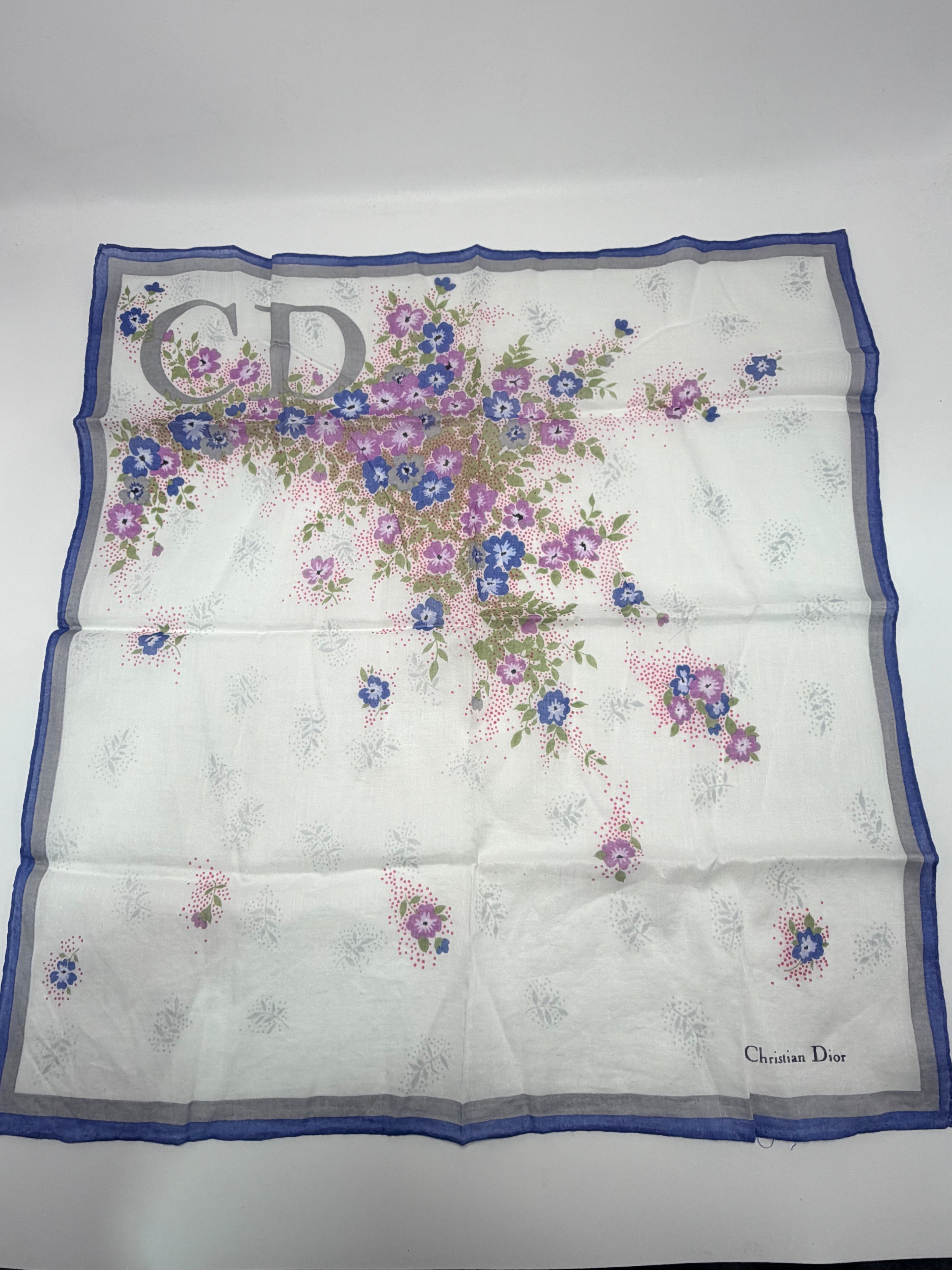 Vintage Christian Dior Floral Monogram Cotton Scarf – Ivory, Blue & Multicolor