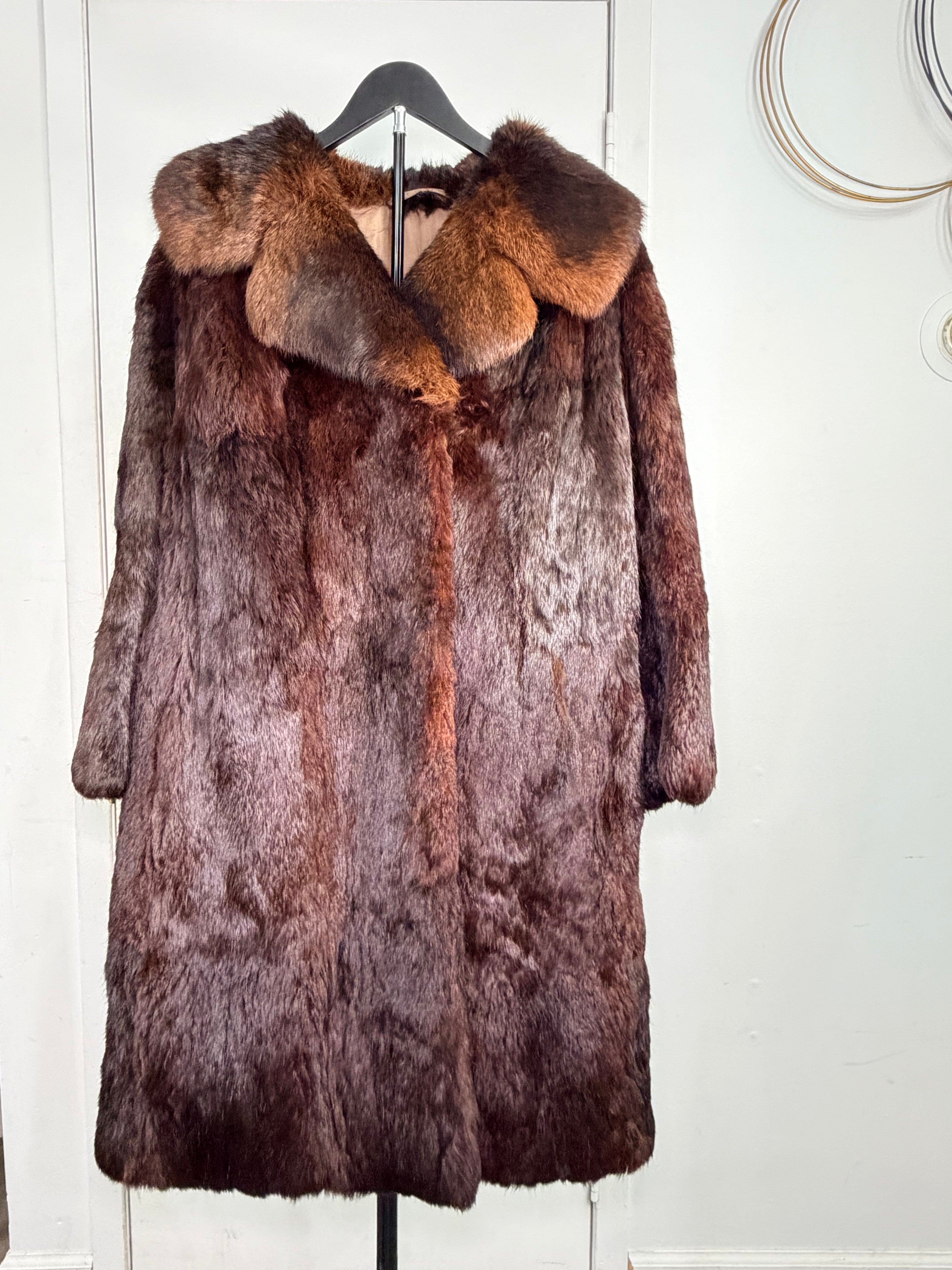 Vintage Rabbit Fur Coat with Fox Collar – Deep Mahogany Brown (2XL)