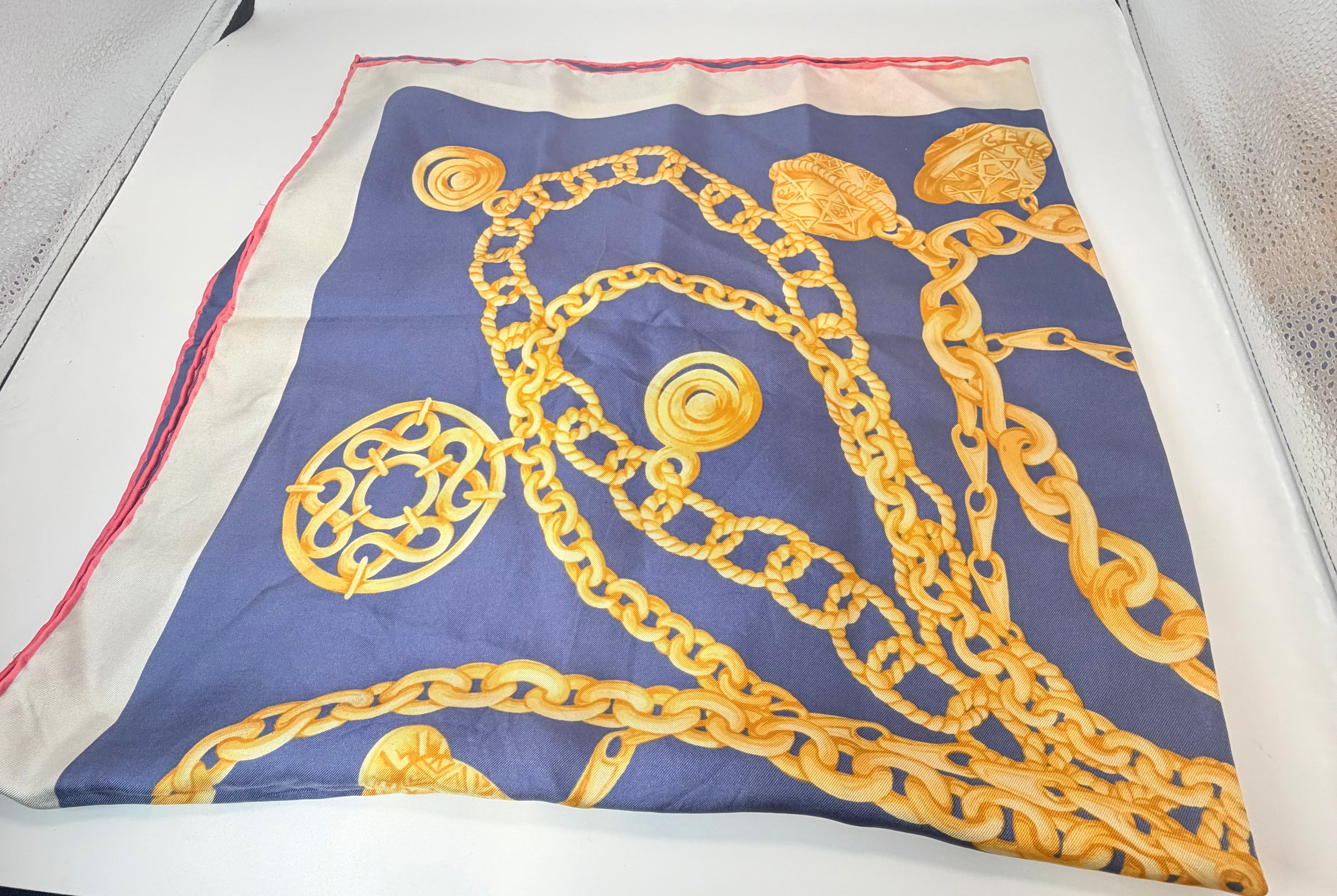 Celine “Bow & Chains” Silk Scarf – Pink, Blue, Ivory & Gold